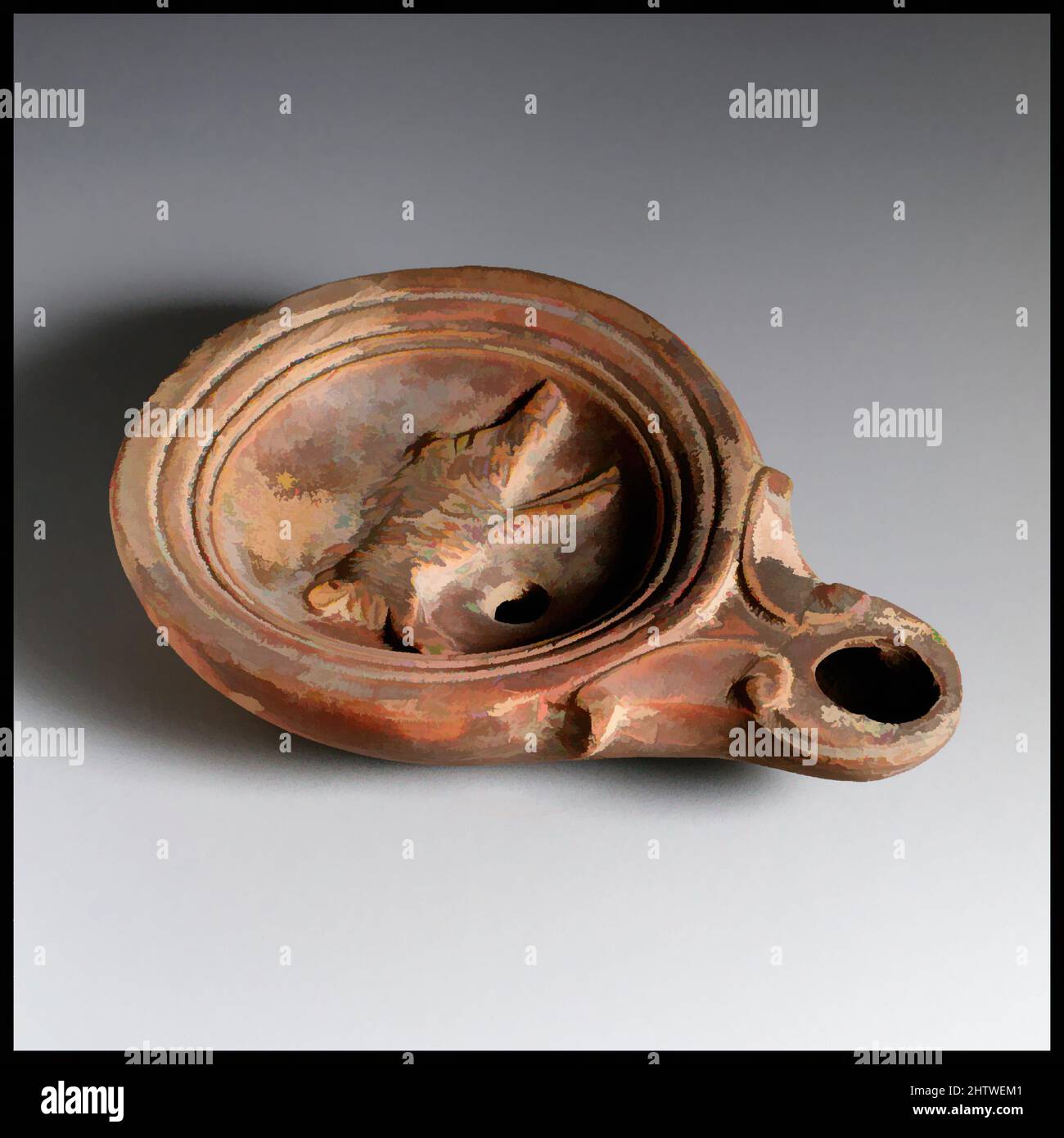 Art inspiré par la lampe, romaine, chypriote, terre cuite, total : 1 x 3 7/8 po. (2,5 x 9,8 cm), terracottas, oeuvres classiques modernisées par Artotop avec une touche de modernité. Formes, couleur et valeur, impact visuel accrocheur sur l'art émotions par la liberté d'œuvres d'art d'une manière contemporaine. Un message intemporel qui cherche une nouvelle direction créative. Artistes qui se tournent vers le support numérique et créent le NFT Artotop Banque D'Images