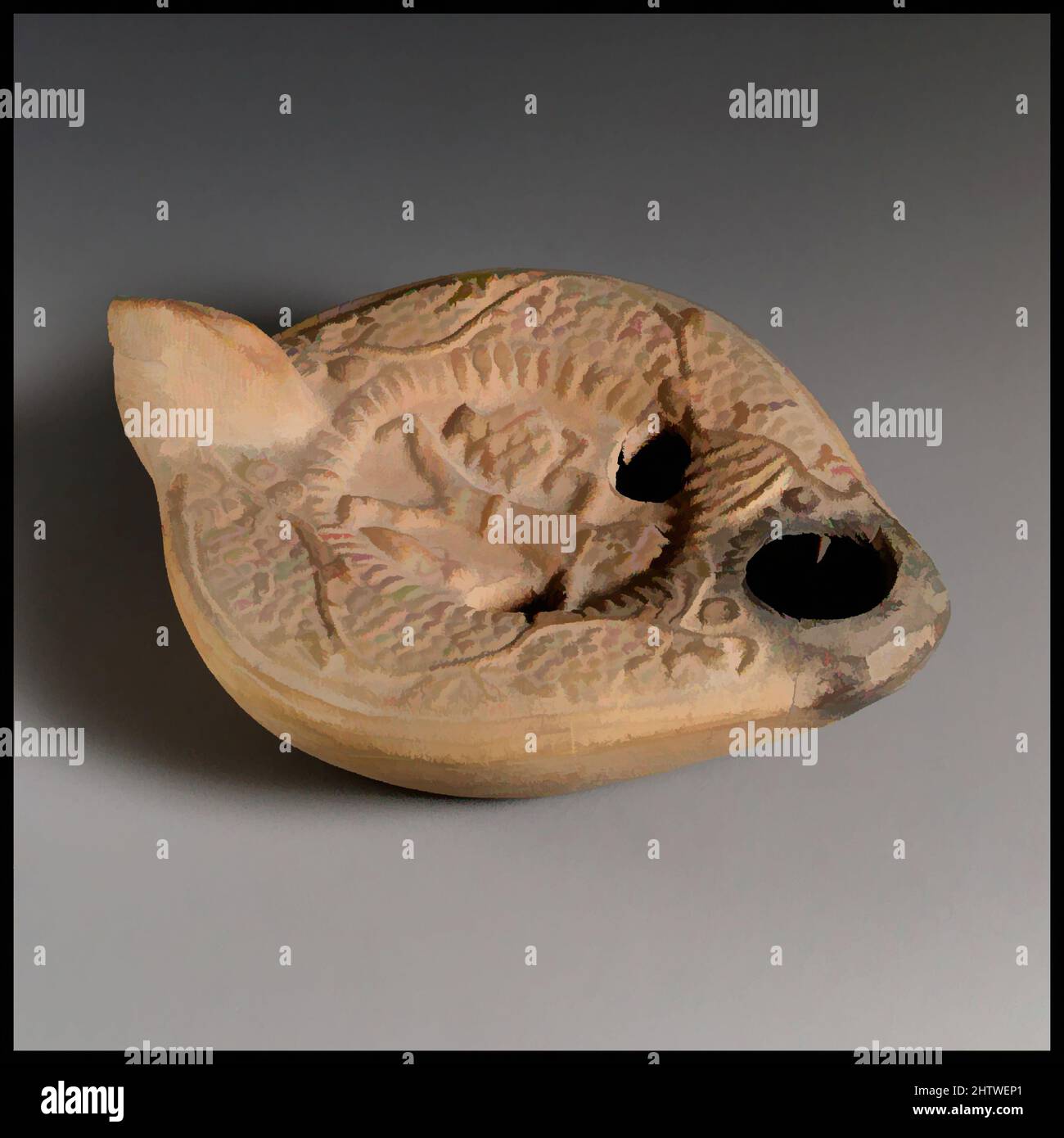 Art inspiré par une lampe à huile en terre cuite, ancien ancien ancien, 3rd–4th siècle avant J.C., romain, chypriote, Terre cuite ; moulé, H. : 1 1/16 x 3 1/4 po. (2,7 x 8,3 cm), terracottas, cette lampe est inhabituelle puisque la figure sur le discus fait face à la poignée et donc le support de la lampe; la plupart des lampes faites de moule, les œuvres classiques modernisées par Artotop avec une touche de modernité. Formes, couleur et valeur, impact visuel accrocheur sur l'art émotions par la liberté d'œuvres d'art d'une manière contemporaine. Un message intemporel qui cherche une nouvelle direction créative. Artistes qui se tournent vers le support numérique et créent le NFT Artotop Banque D'Images