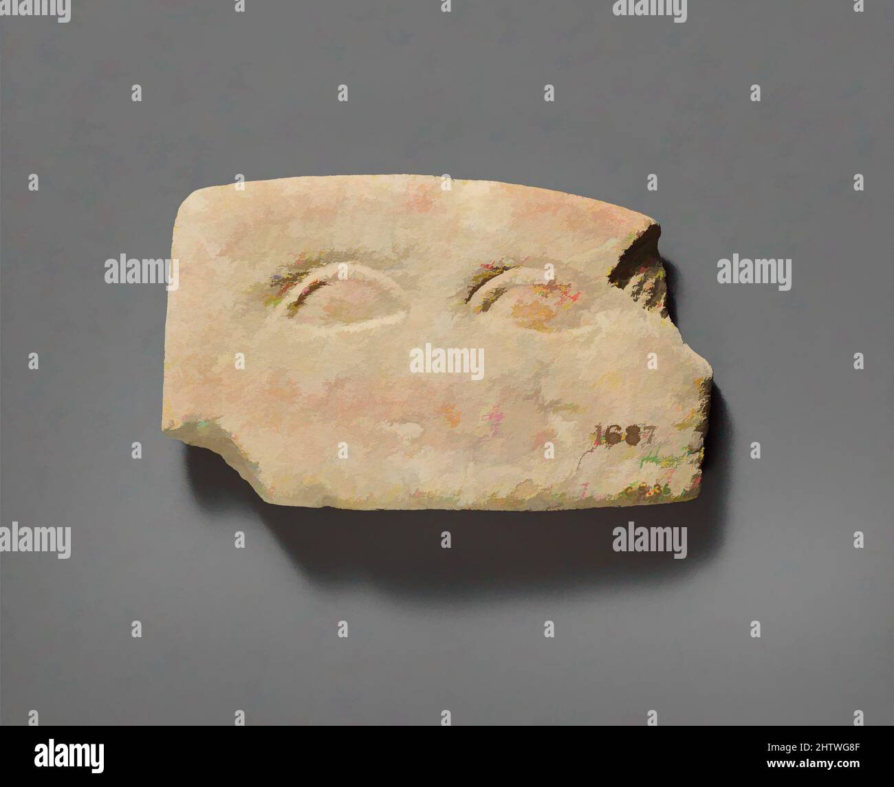 Art inspiré par plaque de calcaire avec deux yeux, classique, 480–310 av. J.-C., chypriote, calcaire, Total : 2 15/16 x 4 13/16 x 3/4 pouces (7,49 x 12,19 x 1,9 cm), divers-Pierre, deux yeux sont creusés dans l'épaisseur de la plaque; les sourcils et le pont du nez sont, oeuvres classiques modernisées par Artotop avec un peu de modernité. Formes, couleur et valeur, impact visuel accrocheur sur l'art émotions par la liberté d'œuvres d'art d'une manière contemporaine. Un message intemporel qui cherche une nouvelle direction créative. Artistes qui se tournent vers le support numérique et créent le NFT Artotop Banque D'Images