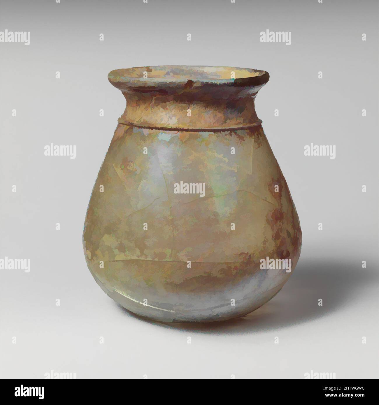 Art inspiré par la jarre de verre, fin de l'Impériale, 3rd Century A.D., romain, verre; Soufflé et remorqué, total : 3 1/4 po (8,3 cm), verre, incolore avec teinte bleu pâle vert; traînée dans le même verre. Rebord arrondi épaissi ; bouche torchère ; col court et concave ; Corps bulbeux, transformé en petit, oeuvres classiques modernisées par Artotop avec une touche de modernité. Formes, couleur et valeur, impact visuel accrocheur sur l'art émotions par la liberté d'œuvres d'art d'une manière contemporaine. Un message intemporel qui cherche une nouvelle direction créative. Artistes qui se tournent vers le support numérique et créent le NFT Artotop Banque D'Images