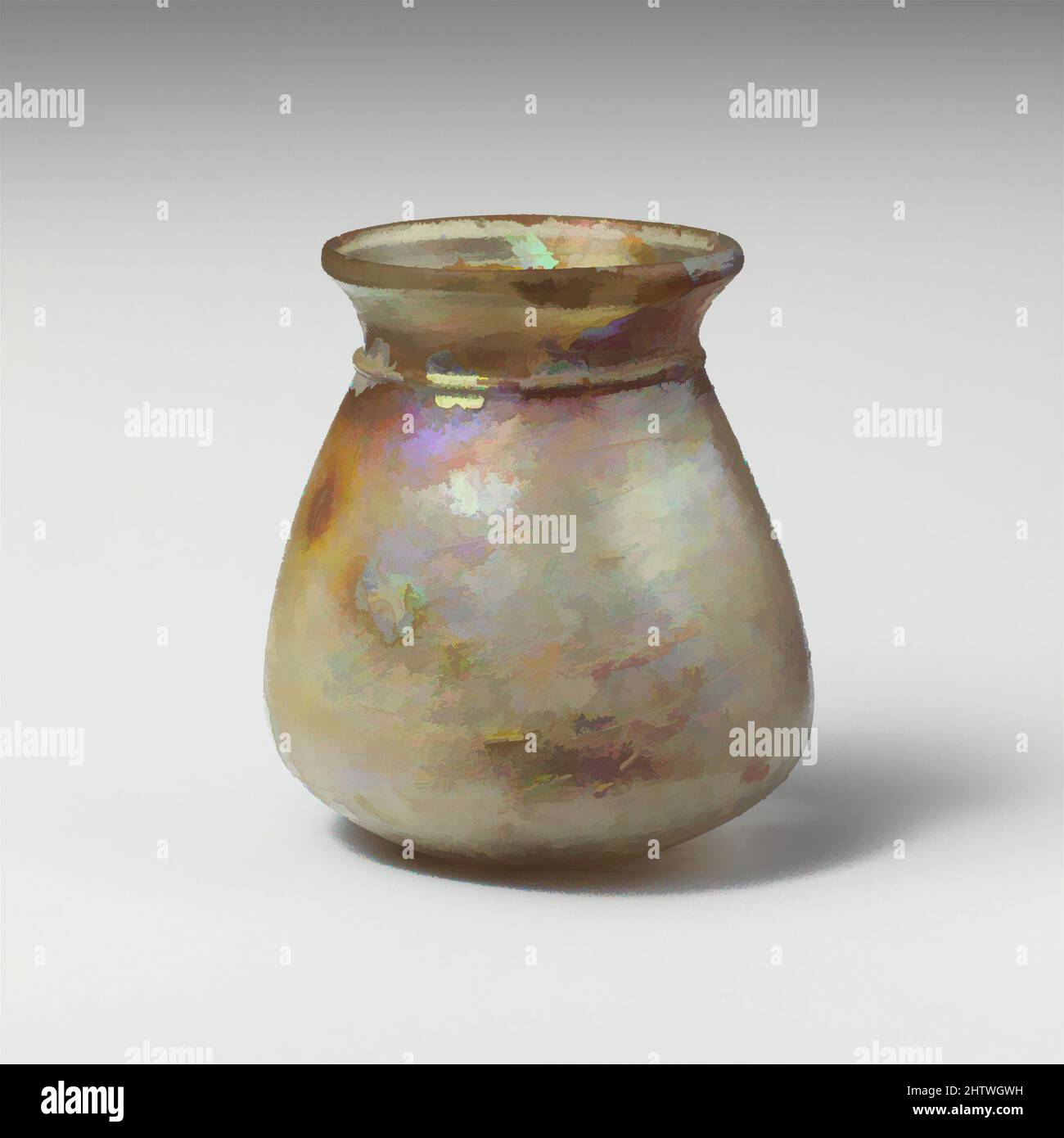 Art inspiré par la jarre de verre, fin de l'Impériale, 3rd Century A.D., romain, verre; Soufflé et remorqué, total: 3 1/16in. (7,8cm), verre, incolore; traînée dans le même verre. Rebord arrondi épaissi ; bouche torchère ; col court et concave ; corps bulbeux, tourné vers le bas du petit contre-batteur. Sentier épais, œuvres classiques modernisées par Artotop avec une touche de modernité. Formes, couleur et valeur, impact visuel accrocheur sur l'art émotions par la liberté d'œuvres d'art d'une manière contemporaine. Un message intemporel qui cherche une nouvelle direction créative. Artistes qui se tournent vers le support numérique et créent le NFT Artotop Banque D'Images