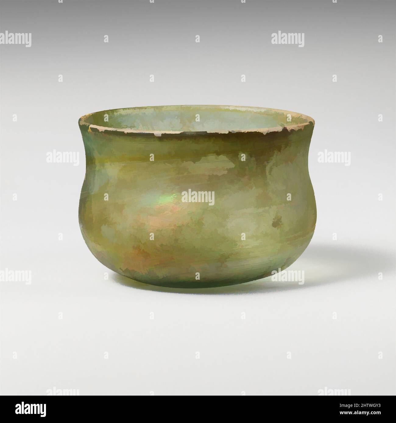 Art inspiré par Glass Cup, fin romaine, 3rd–4th Century A.D., romain, verre ; Soufflé, total : 2 1/2 po (6,4 cm), verre, bleu pâle translucide vert avec des rayures jaunes vertes. Jante lisse et arrondie; côtés en S; fond enfoncé profond avec cicatrice de pontil au centre. Intact; peu de bulles et, oeuvres classiques modernisées par Artotop avec une touche de modernité. Formes, couleur et valeur, impact visuel accrocheur sur l'art émotions par la liberté d'œuvres d'art d'une manière contemporaine. Un message intemporel qui cherche une nouvelle direction créative. Artistes qui se tournent vers le support numérique et créent le NFT Artotop Banque D'Images