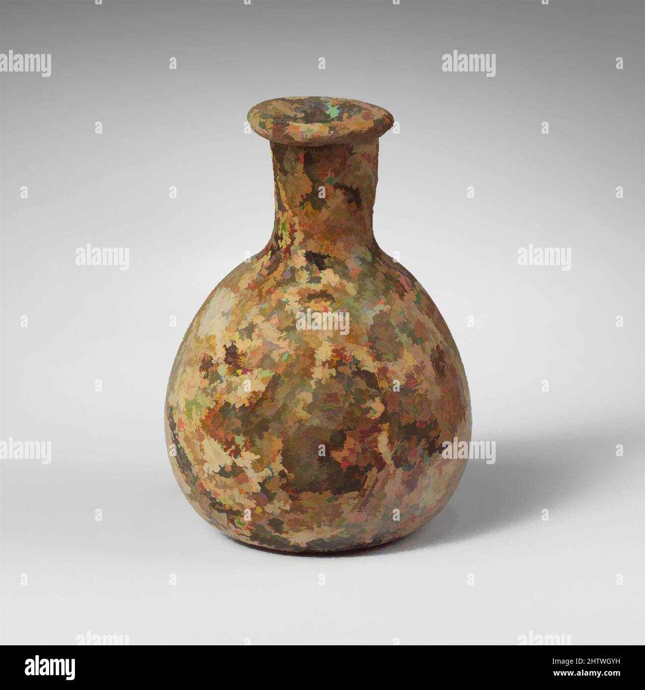 Art inspiré par flacon de parfum en verre, Early ou Mid Imperial, env. 1st–2nd Century A.D., romain, verre; soufflé, total: 3 po. (7,6 cm), verre, bleu pâle translucide vert. Rebord horizontal incliné et épais, avec rebord extérieur arrondi et rainure circulaire sur la surface supérieure; col court et cylindrique, les œuvres classiques modernisées par Artotop avec une touche de modernité. Formes, couleur et valeur, impact visuel accrocheur sur l'art émotions par la liberté d'œuvres d'art d'une manière contemporaine. Un message intemporel qui cherche une nouvelle direction créative. Artistes qui se tournent vers le support numérique et créent le NFT Artotop Banque D'Images