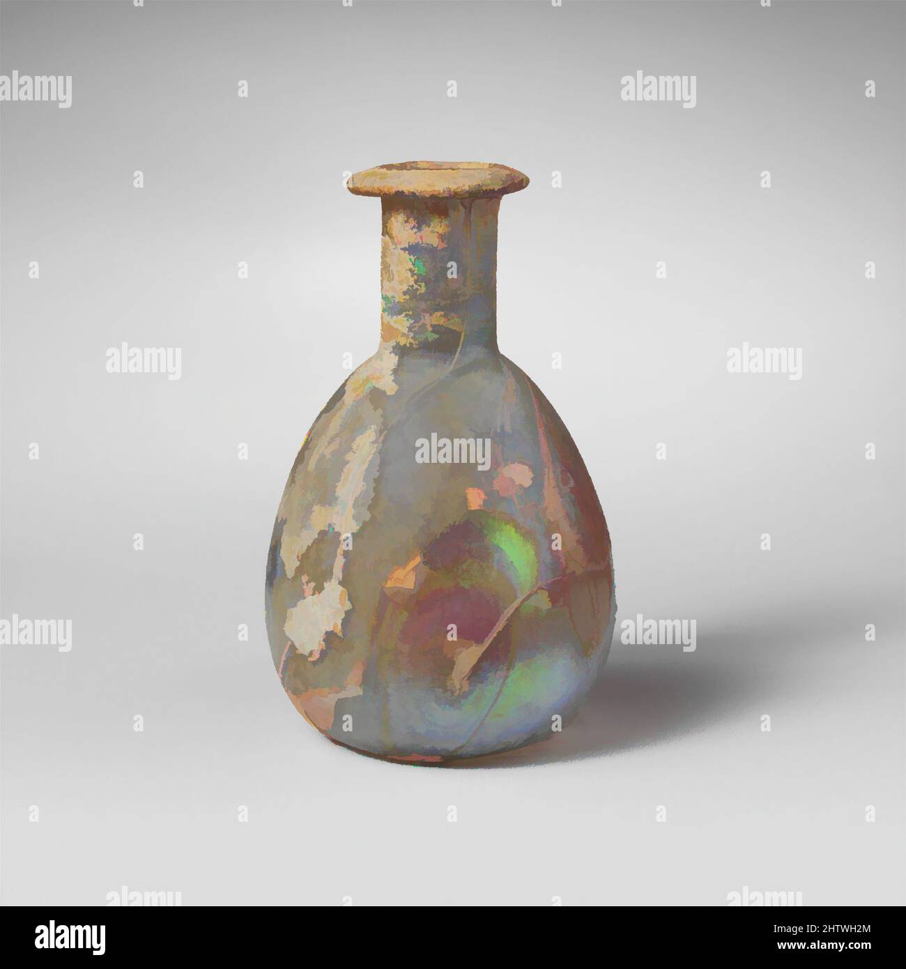 Art inspiré par flacon de parfum en verre, ancien impérial, 1st Century A.D., romain, verre; Soufflé, total: 2 3/4in. (7cm), verre, bleu pâle translucide vert. Jante repliée, repliée et repliée, avec surface supérieure biseautée; col cylindrique court, avec des marques d'outillage autour de la base; corps ovoïde, les œuvres classiques modernisées par Artotop avec une touche de modernité. Formes, couleur et valeur, impact visuel accrocheur sur l'art émotions par la liberté d'œuvres d'art d'une manière contemporaine. Un message intemporel qui cherche une nouvelle direction créative. Artistes qui se tournent vers le support numérique et créent le NFT Artotop Banque D'Images