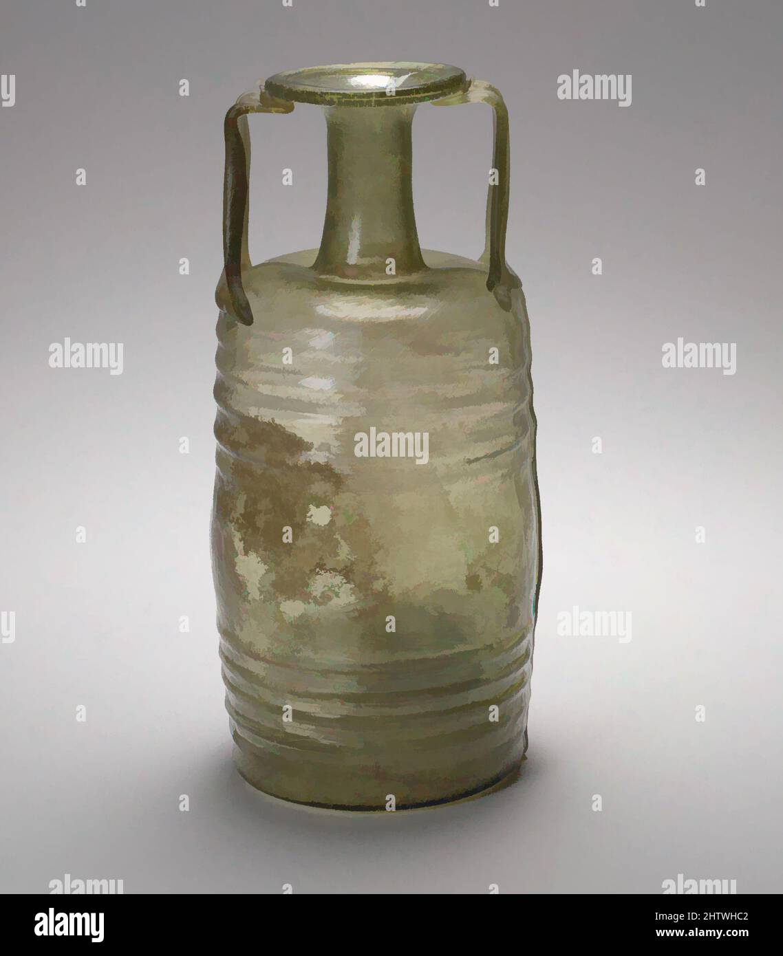 Art inspiré par la bouteille cylindrique en verre, fin de l'Impériale, 3rd Century A.D., romain, verre; Soufflé dans un moule en trois parties, H. 7 1/2 po (19,1 cm) de diamètre 3 1/8 po (7,9 cm), verre, vert jaune translucide, avec poignées de la même couleur ; rayures de rouge violacé sur le bas du corps et le bas. RIM, Classic œuvres modernisées par Artotop avec une touche de modernité. Formes, couleur et valeur, impact visuel accrocheur sur l'art émotions par la liberté d'œuvres d'art d'une manière contemporaine. Un message intemporel qui cherche une nouvelle direction créative. Artistes qui se tournent vers le support numérique et créent le NFT Artotop Banque D'Images