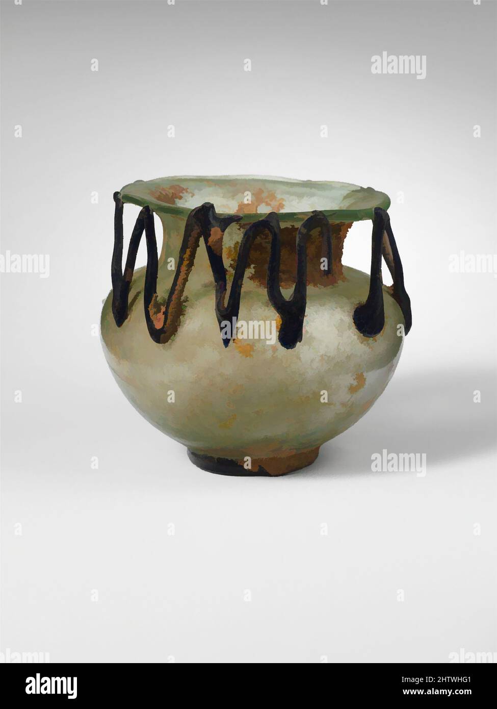 Art inspiré par la jarre de verre, fin de l'Impériale, 4th Century A.D., romain, verre; Soufflés et tractés, H. : 2 3/4 po (7 cm), verre, bleu translucide vert; anneau de pied et de sentier en bleu cobalt foncé. Rebord horizontal arrondi ; large col écarté ; col cylindrique concave ; corps bulbeux ; Solid, Classic œuvres modernisées par Artotop avec une touche de modernité. Formes, couleur et valeur, impact visuel accrocheur sur l'art émotions par la liberté d'œuvres d'art d'une manière contemporaine. Un message intemporel qui cherche une nouvelle direction créative. Artistes qui se tournent vers le support numérique et créent le NFT Artotop Banque D'Images