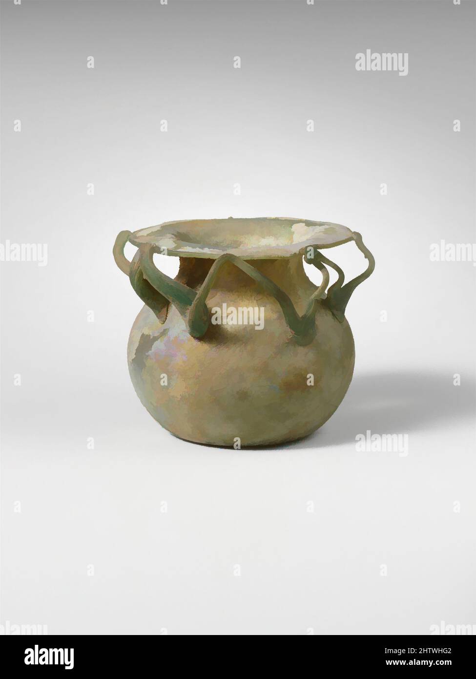 Art inspiré par la jarre de verre, fin de l'Impériale, 4th Century A.D., romain, verre; Soufflés et tractés, H. : 2 1/4 po (5,7 cm), verre, bleu clair translucide vert; traînée de la même couleur. Rebord horizontal inégal, partiellement tubulaire, replié vers le haut et vers l'intérieur ; col large et en saillie ; col court, concave, Œuvres classiques modernisées par Artotop avec une touche de modernité. Formes, couleur et valeur, impact visuel accrocheur sur l'art émotions par la liberté d'œuvres d'art d'une manière contemporaine. Un message intemporel qui cherche une nouvelle direction créative. Artistes qui se tournent vers le support numérique et créent le NFT Artotop Banque D'Images