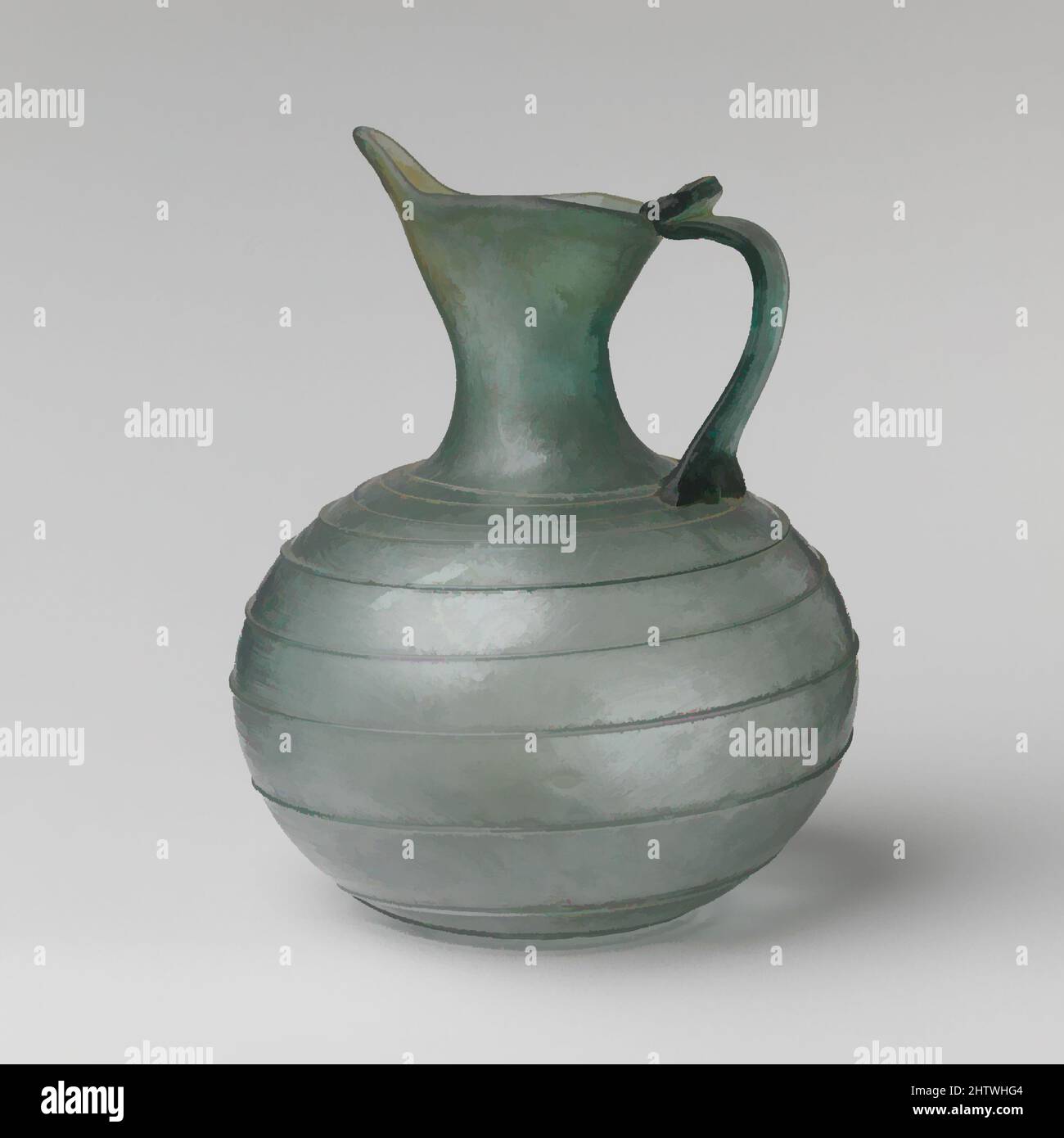 Art inspiré par la verseuse en verre, impérial, 2nd–3rd Century A.D., romain, verre ; Soufflée, outillée et remorquée, H. : 5 1/4 po (13,3 cm), verre, bleu foncé translucide vert; manche et traînée de la même couleur. Ovale, rebord extérieur avec lèvre verticale, arrondie et épaissie; projection vers le haut, œuvres classiques modernisées par Artotop avec une touche de modernité. Formes, couleur et valeur, impact visuel accrocheur sur l'art émotions par la liberté d'œuvres d'art d'une manière contemporaine. Un message intemporel qui cherche une nouvelle direction créative. Artistes qui se tournent vers le support numérique et créent le NFT Artotop Banque D'Images