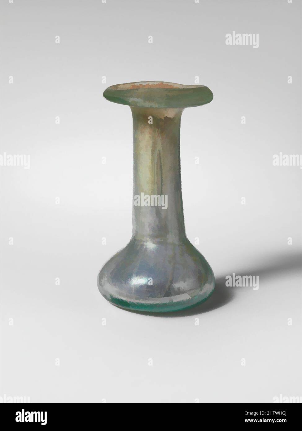 Art inspiré par flacon de parfum en verre, impérial, fin 1st–3rd siècle A.D., romain, verre; soufflé, H. : 2 3/4 po. (7 cm), verre, bleu translucide vert. Rebord replié, partiellement abaissé, rond et intérieur, avec bord extérieur biseauté d'un côté; bouche torrentielle; col cylindrique avec un léger horizontal, œuvres classiques modernisées par Artotop avec une touche de modernité. Formes, couleur et valeur, impact visuel accrocheur sur l'art émotions par la liberté d'œuvres d'art d'une manière contemporaine. Un message intemporel qui cherche une nouvelle direction créative. Artistes qui se tournent vers le support numérique et créent le NFT Artotop Banque D'Images