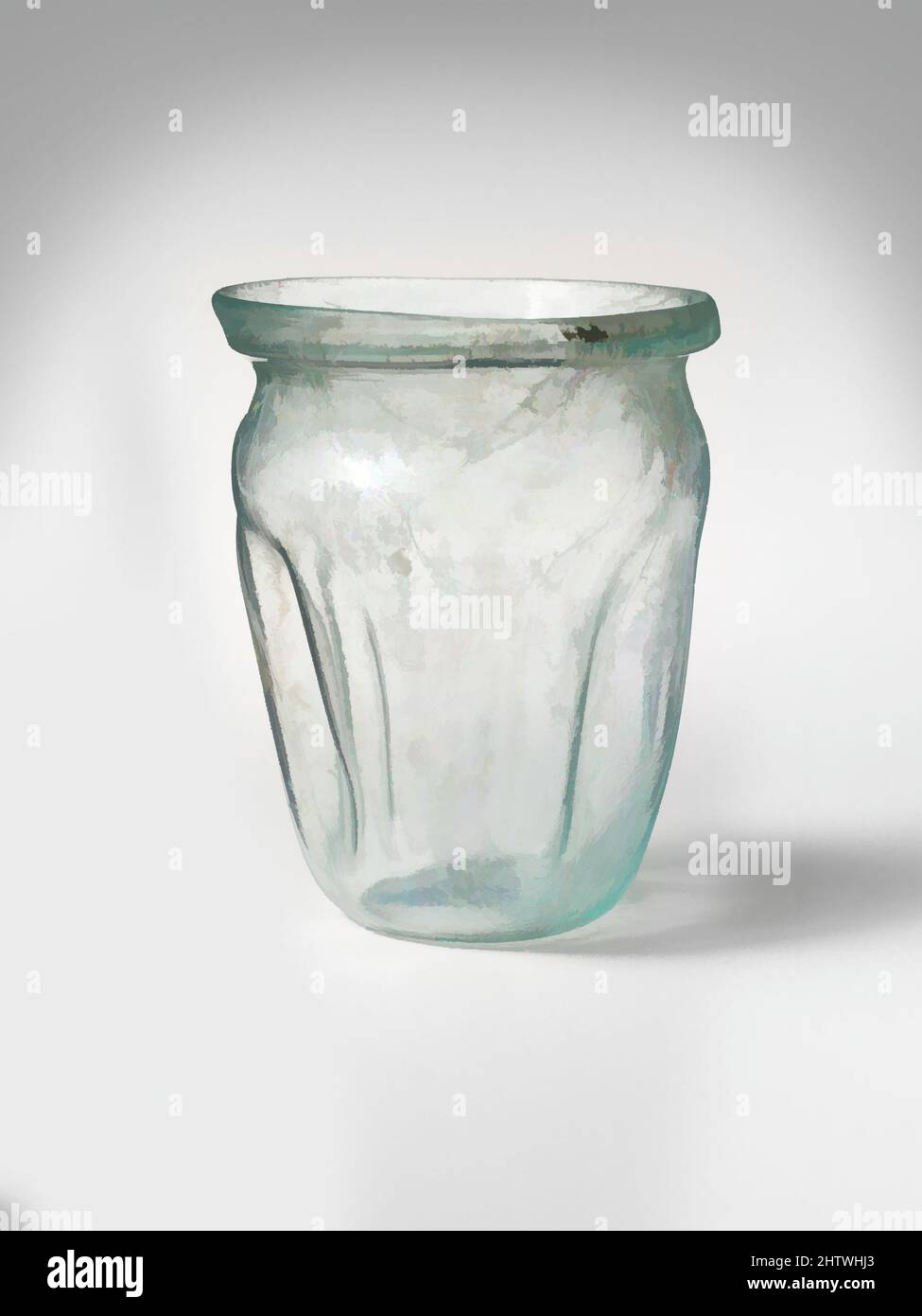 Art inspiré par Glass Cup, Mid Imperial, 2nd–3rd Century A.D., Roman, Glass ; Soufflée et outillée, H. : 2 3/4 po (7 cm), verre, bleu translucide vert. Rebord légèrement évasé, irrégulier, à rebord arrondi vertical; col court, concave; épaulement bombé; Corps s'effilant vers le bas, les œuvres classiques modernisées par Artotop avec une touche de modernité. Formes, couleur et valeur, impact visuel accrocheur sur l'art émotions par la liberté d'œuvres d'art d'une manière contemporaine. Un message intemporel qui cherche une nouvelle direction créative. Artistes qui se tournent vers le support numérique et créent le NFT Artotop Banque D'Images