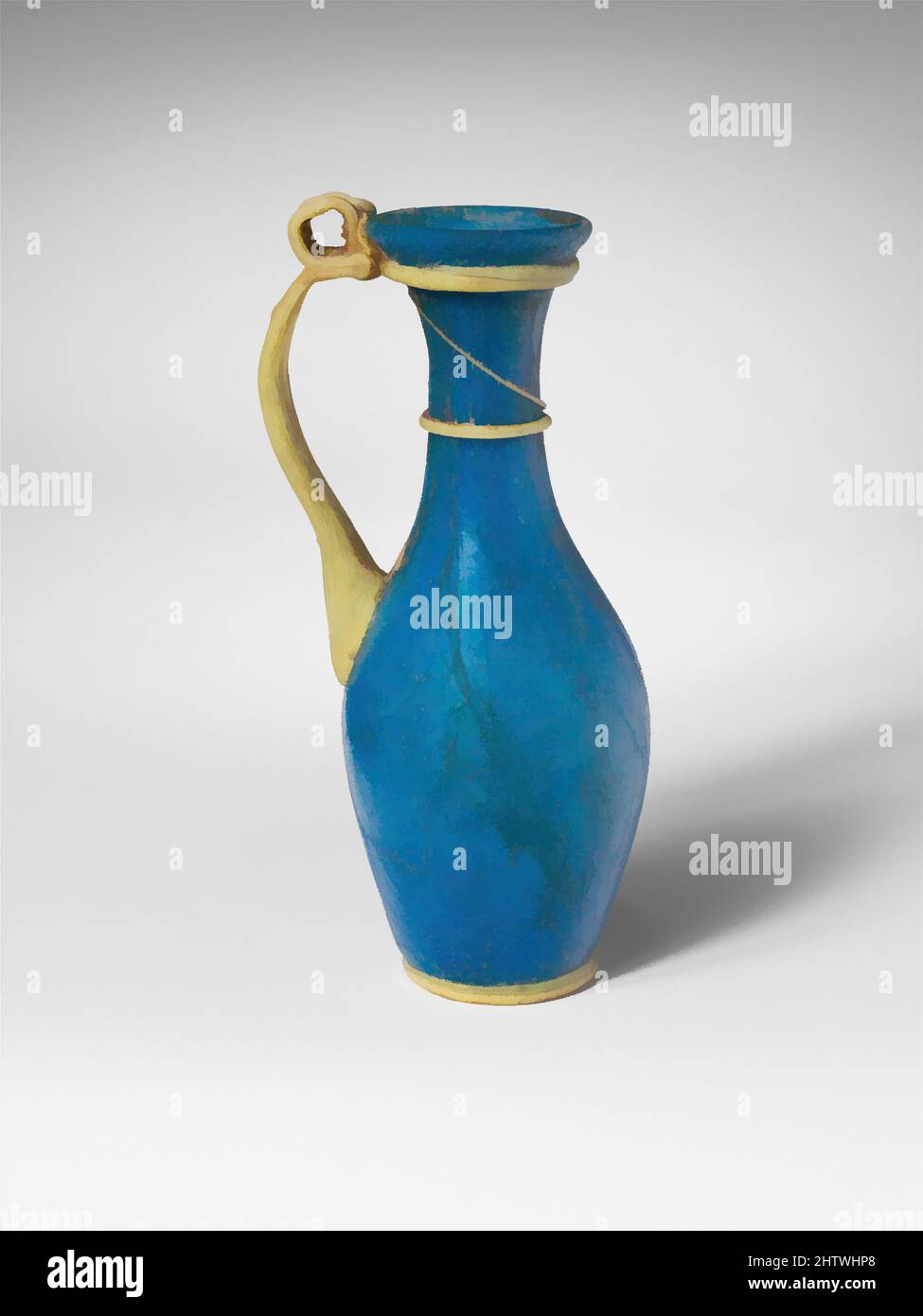 Art inspiré par la verseuse en verre, impérial tardif, 3rd–4th Century A.D., romain, verre ; Soufflé et remorqué, total : 5 1/8 po (13 cm), verre, bleu turquoise foncé translucide; anneau de manche, de piste et de base en blanc jaunâtre semi-opaque; rayures rouges opaques sur le rebord. RIM, repliée et dans, œuvres classiques modernisées par Artotop avec une touche de modernité. Formes, couleur et valeur, impact visuel accrocheur sur l'art émotions par la liberté d'œuvres d'art d'une manière contemporaine. Un message intemporel qui cherche une nouvelle direction créative. Artistes qui se tournent vers le support numérique et créent le NFT Artotop Banque D'Images