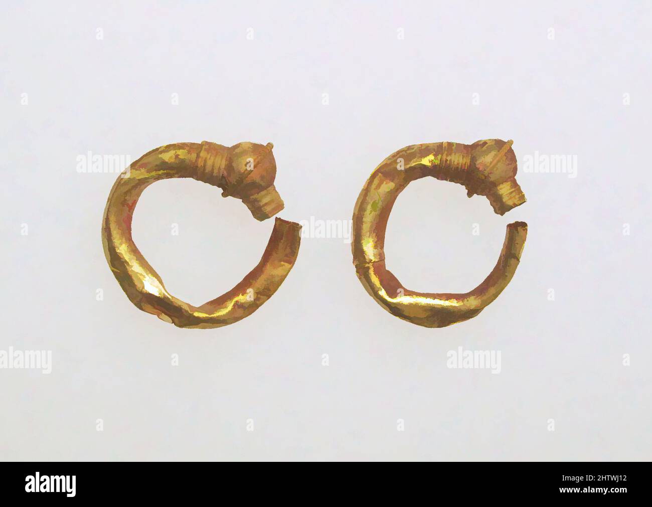 Art inspiré par Earring, en trompette, 5th–3rd Century B.C., étrusque, Or, Autre (a) : 15/16 × 5/16 × 15/16 po (2,3 × 0,9 × 2,4 cm), Or et argent, oeuvres classiques modernisées par Artotop avec une touche de modernité. Formes, couleur et valeur, impact visuel accrocheur sur l'art émotions par la liberté d'œuvres d'art d'une manière contemporaine. Un message intemporel qui cherche une nouvelle direction créative. Artistes qui se tournent vers le support numérique et créent le NFT Artotop Banque D'Images