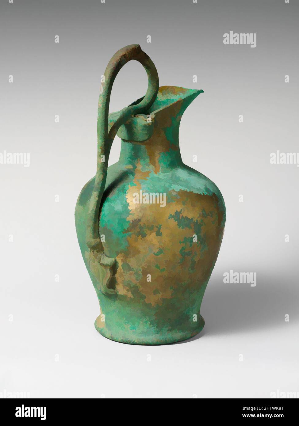 Art inspiré par Bronze oinochoe (carafe), hellénistique, début du 3rd siècle avant J.-C., étrusque, Bronze, H. 14 po. (35,6 cm), bronzes, l'escutcheon à la base de la poignée est modélisé en une plante élégante ressemblant à une feuille d'acanthus, commune dans la poterie des Pouilles de cette période. 'Suthina' est, oeuvres classiques modernisées par Artotop avec une touche de modernité. Formes, couleur et valeur, impact visuel accrocheur sur l'art émotions par la liberté d'œuvres d'art d'une manière contemporaine. Un message intemporel qui cherche une nouvelle direction créative. Artistes qui se tournent vers le support numérique et créent le NFT Artotop Banque D'Images