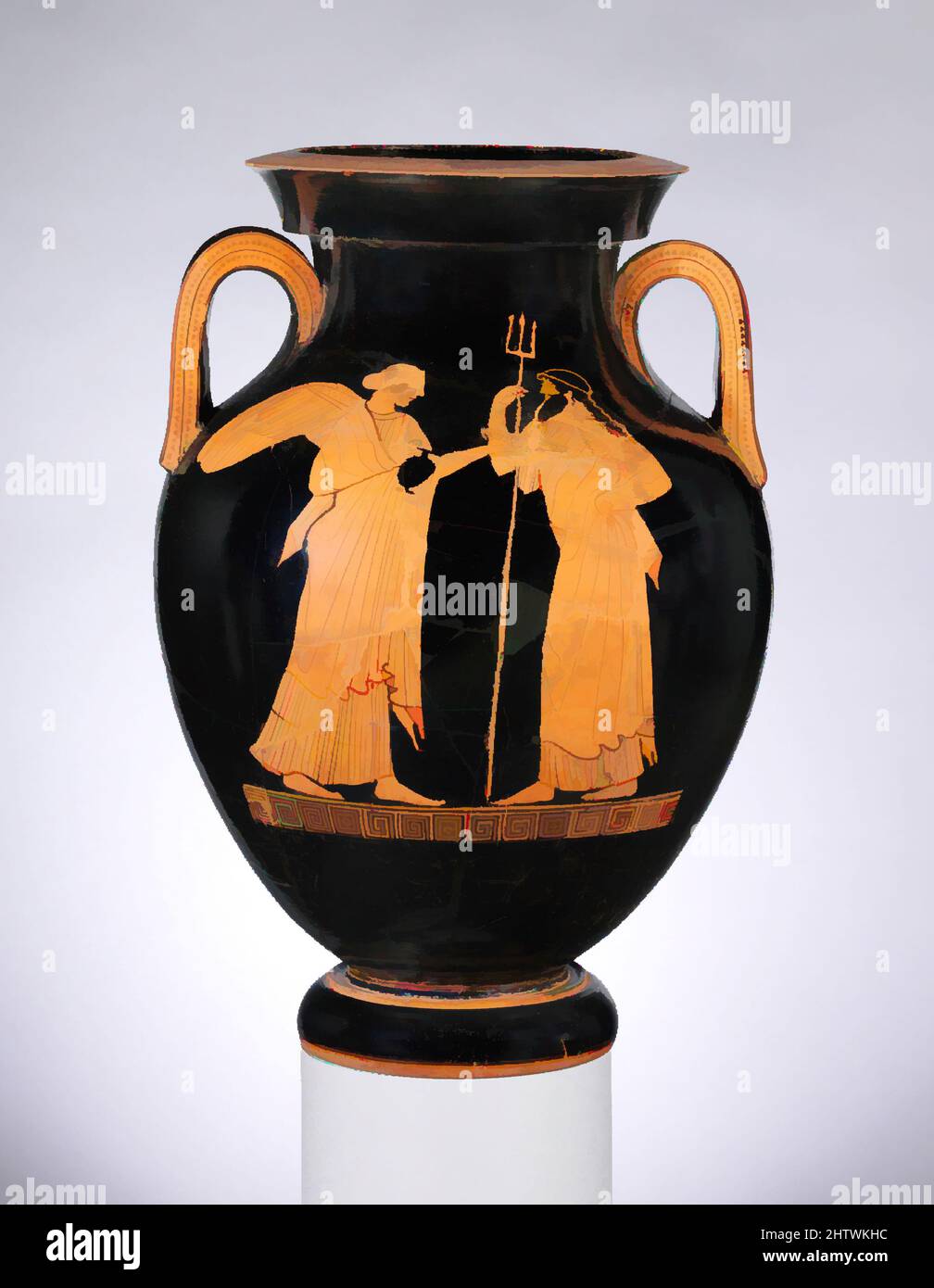 Art inspiré par les amphores en terre cuite (bocal), classique, ca. 470–460 C.-B., grec, Attique, terre cuite ; figure rouge, H. 19 7/16 po (49,4 cm), vases, Obverse, Dionysos et satyr, Reverse, Poseidon et Nike. Parmi les artistes actifs pendant le deuxième quart du cinquième siècle avant J.-C., le, les œuvres classiques modernisées par Artotop avec un peu de modernité. Formes, couleur et valeur, impact visuel accrocheur sur l'art émotions par la liberté d'œuvres d'art d'une manière contemporaine. Un message intemporel qui cherche une nouvelle direction créative. Artistes qui se tournent vers le support numérique et créent le NFT Artotop Banque D'Images