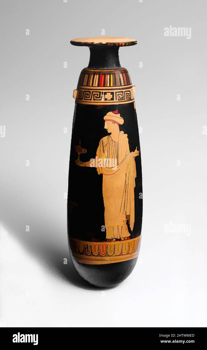 Art inspiré par l'alabasson en terre cuite (vase à parfum), classique, ca. 440 av. J.-C., grec, Attique, terre cuite ; figure rouge, H. 6 13/16 po (17,3 cm), vases, Obverse, femme avec miroir, inverse, femme avec plémochoe (vase à parfum). La colonne indique que la scène est mise à l'intérieur, et le, les œuvres classiques modernisées par Artotop avec un peu de modernité. Formes, couleur et valeur, impact visuel accrocheur sur l'art émotions par la liberté d'œuvres d'art d'une manière contemporaine. Un message intemporel qui cherche une nouvelle direction créative. Artistes qui se tournent vers le support numérique et créent le NFT Artotop Banque D'Images