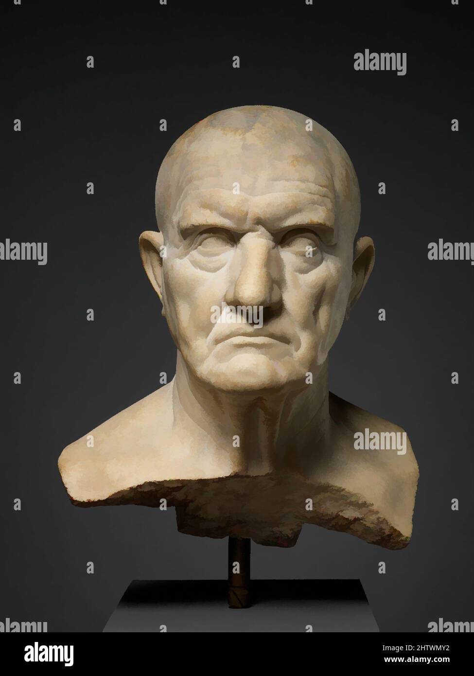 Art inspiré par le buste en marbre d'un homme, au début de l'Impérial, Julio-Claudian, mi-1st siècle A.D., romain, Marbre, H. 14 3/8 po (36,5 cm), Pierre Sculpture, bien que la surface de cette pièce ait été fortement nettoyée et même recut dans des endroits, preuve d'une épaisse incrustation sombre, formé, Classic œuvres modernisées par Artotop avec un peu de modernité. Formes, couleur et valeur, impact visuel accrocheur sur l'art émotions par la liberté d'œuvres d'art d'une manière contemporaine. Un message intemporel qui cherche une nouvelle direction créative. Artistes qui se tournent vers le support numérique et créent le NFT Artotop Banque D'Images