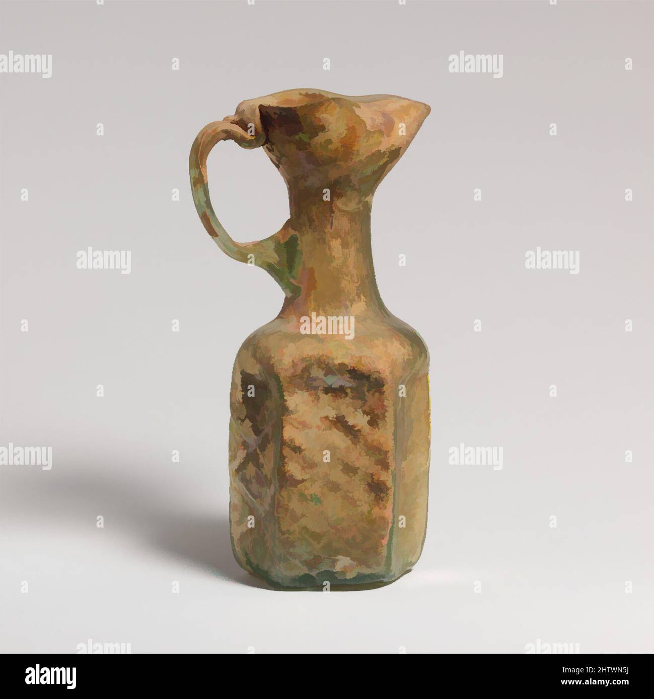 Art inspiré par la carafe hexagonale en verre, ancienne byzantine, 6th–début du 7th siècle A.D., romain, palestinien, verre ; moulé, H. : 5 3/4 po (14,6 cm), verre, bleu pâle translucide vert, avec manche de même couleur., rebord de Trefroil avec bord partiellement épaissi et arrondi vers le haut; profond, entonnoir-, oeuvres classiques modernisées par Artotop avec une touche de modernité. Formes, couleur et valeur, impact visuel accrocheur sur l'art émotions par la liberté d'œuvres d'art d'une manière contemporaine. Un message intemporel qui cherche une nouvelle direction créative. Artistes qui se tournent vers le support numérique et créent le NFT Artotop Banque D'Images