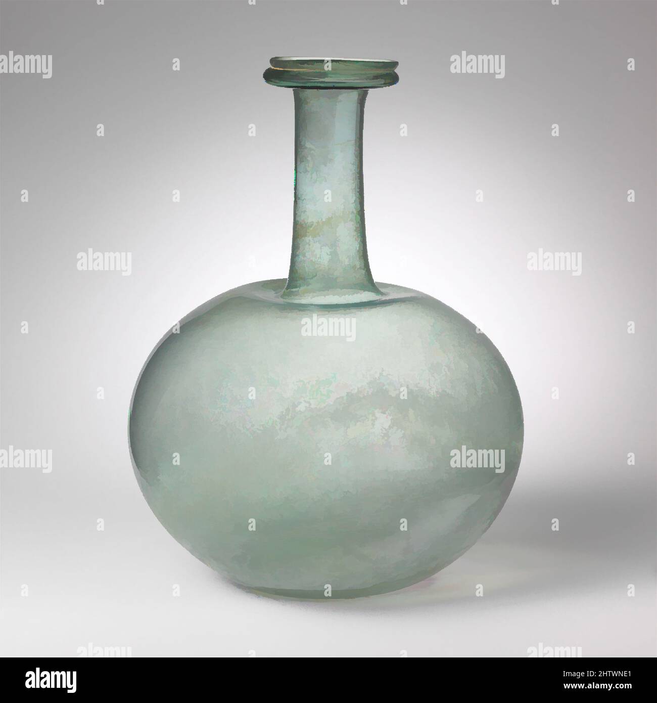 Art inspiré par la bouteille globulaire en verre, fin de l'Impériale, 4th Century A.D., romain, verre; Soufflé, H. : 11 3/16 po (28,4 cm), verre, bleu translucide vert., arrondi, légèrement écarté, Rebord vertical, avec rebord horizontal creux en dessous, en pliant; col cylindrique mince, extensible, les œuvres classiques modernisées par Artotop avec une touche de modernité. Formes, couleur et valeur, impact visuel accrocheur sur l'art émotions par la liberté d'œuvres d'art d'une manière contemporaine. Un message intemporel qui cherche une nouvelle direction créative. Artistes qui se tournent vers le support numérique et créent le NFT Artotop Banque D'Images