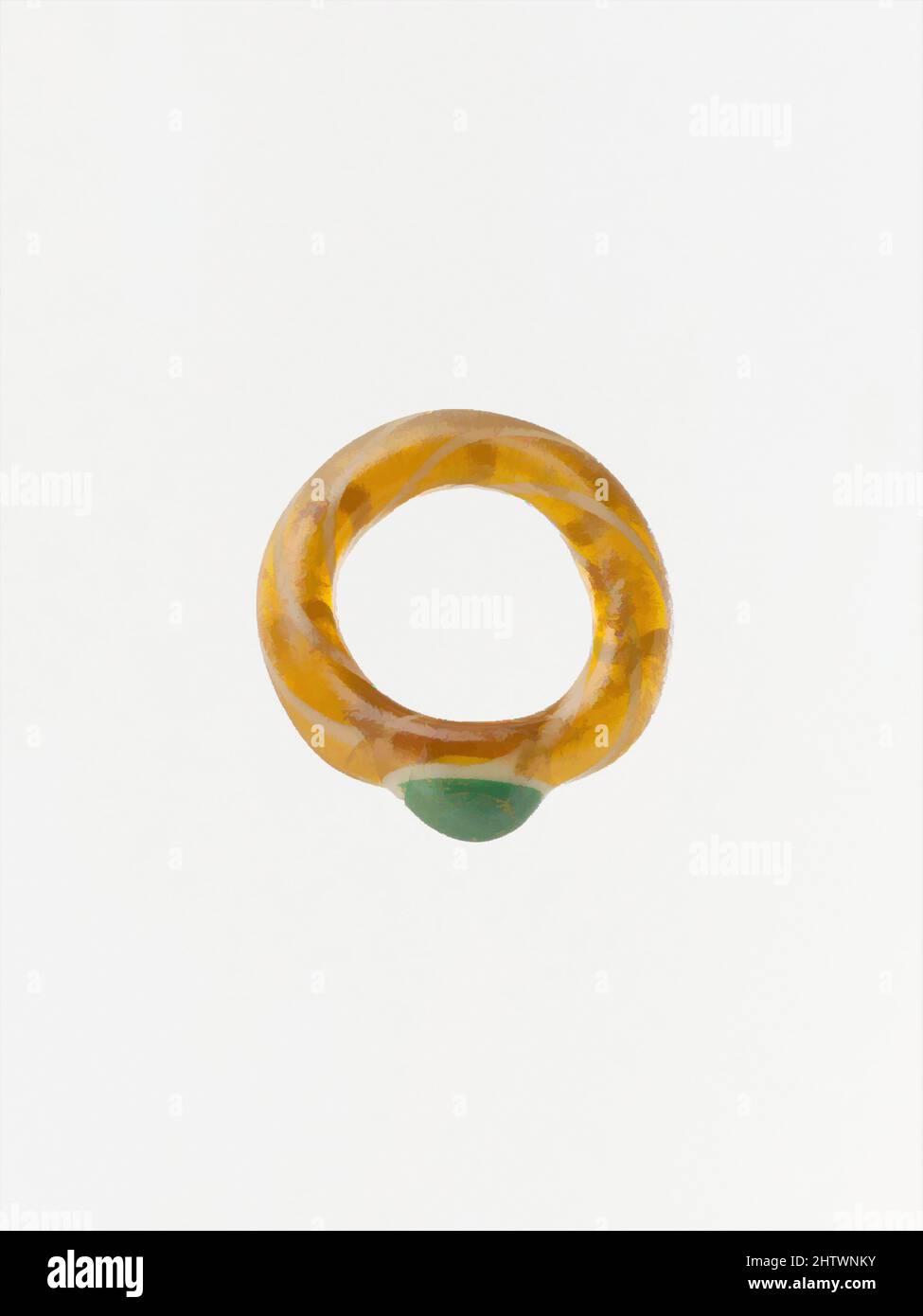Art inspiré de Glass Finger Ring, Early Imperial, 1st Century A.D., Roman, Glass ; Étiré, outilté et remorqué, H. : 1/4 po (0,7 cm), verre, jaune miel translucide, avec des sentiers blancs opaques et un blob vert opaque., cerceau circulaire et section transversale fait d'une tige droite et plié en, oeuvres classiques modernisées par Artotop avec une touche de modernité. Formes, couleur et valeur, impact visuel accrocheur sur l'art émotions par la liberté d'œuvres d'art d'une manière contemporaine. Un message intemporel qui cherche une nouvelle direction créative. Artistes qui se tournent vers le support numérique et créent le NFT Artotop Banque D'Images