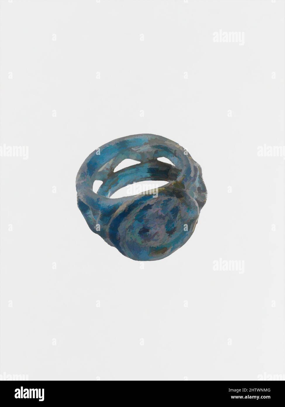 Art inspiré par verre openwork finger Ring, fin Imperial, ca. 4th Century A.D., Roman, Glass, H.: 9/16 po. (1,4 cm), verre, bleu translucide., arceau circulaire fait de deux tiges parallèles avec chemin en zigzag dessiné autour d'elles; cadre plat circulaire avec bord arrondi plus épais., cadre, œuvres classiques modernisées par Artotop avec une touche de modernité. Formes, couleur et valeur, impact visuel accrocheur sur l'art émotions par la liberté d'œuvres d'art d'une manière contemporaine. Un message intemporel qui cherche une nouvelle direction créative. Artistes qui se tournent vers le support numérique et créent le NFT Artotop Banque D'Images