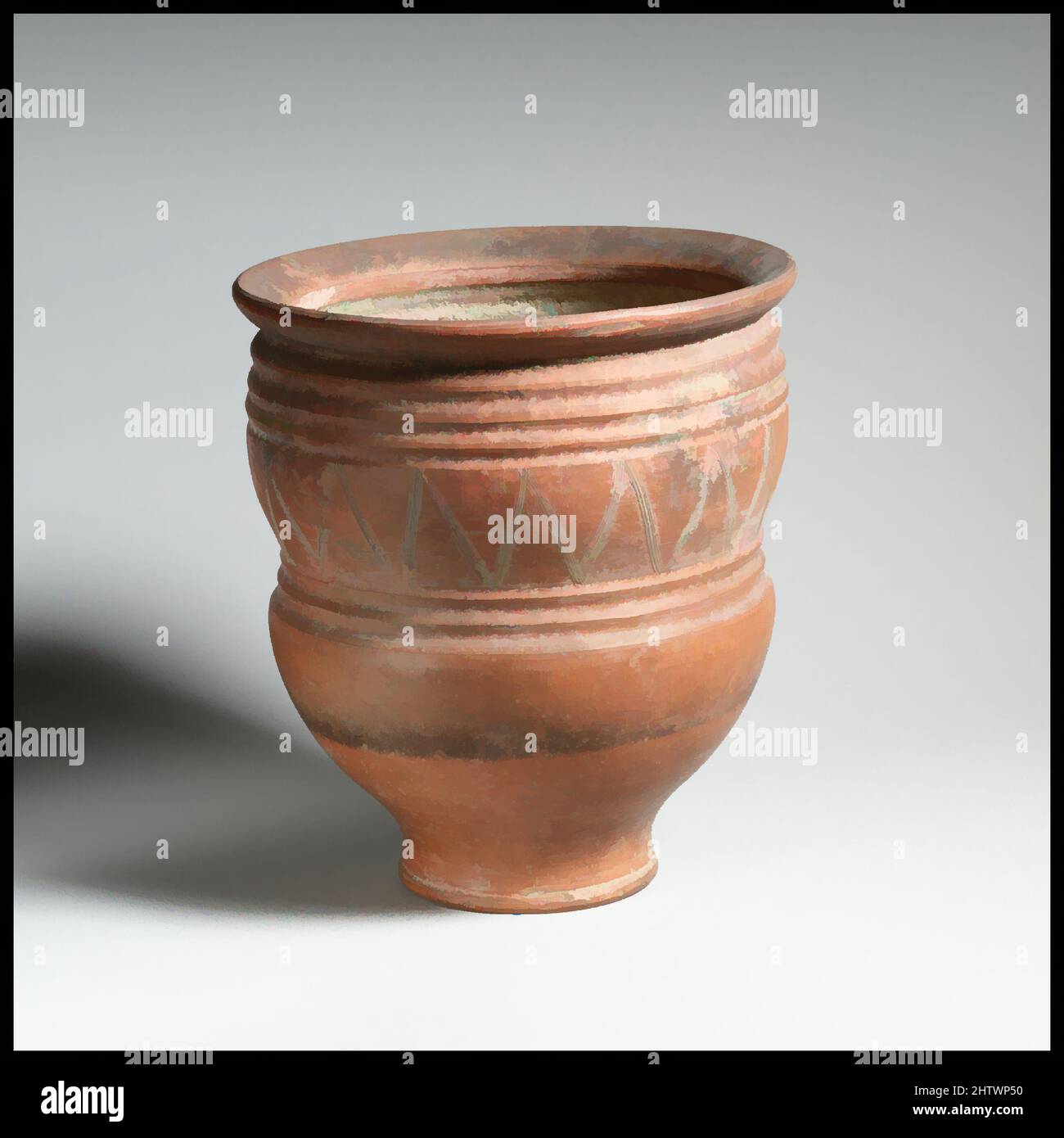 Art inspiré par Bowl, moulé, romain, terre cuite, H. 18,47 cm. Diamètre 16,3 cm., vases, lignes peintes autour du centre et chevrons gravés, oeuvres classiques modernisées par Artotop avec une touche de modernité. Formes, couleur et valeur, impact visuel accrocheur sur l'art émotions par la liberté d'œuvres d'art d'une manière contemporaine. Un message intemporel qui cherche une nouvelle direction créative. Artistes qui se tournent vers le support numérique et créent le NFT Artotop Banque D'Images