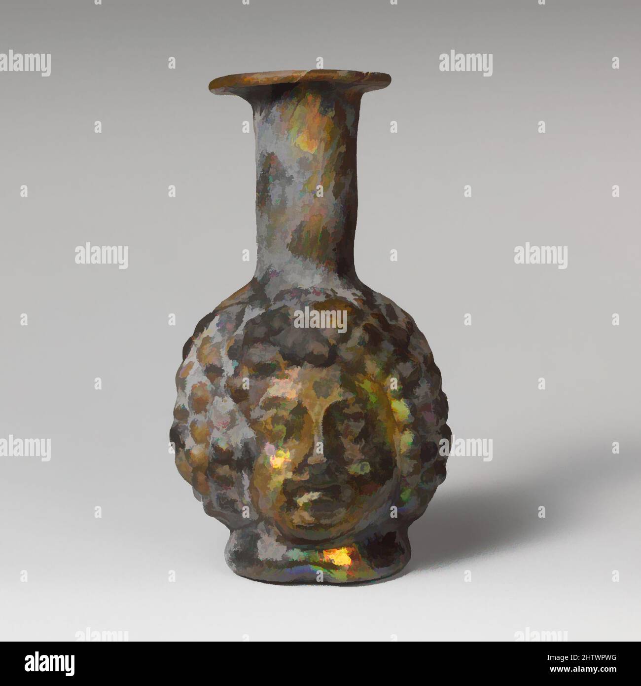 Art inspiré par la bouteille en verre à double tête, impérial tardif, 3rd Century A.D., romain, syrien, Verre ; moulé, H. : 3 13/16 po. (9,7 cm), verre, jaune verdâtre translucide, rebord replié, rond, Et dans; large, bouche torchère; col cylindrique, incliné vers l'arrière vers le visage sérieux, les œuvres classiques modernisées par Artotop avec une touche de modernité. Formes, couleur et valeur, impact visuel accrocheur sur l'art émotions par la liberté d'œuvres d'art d'une manière contemporaine. Un message intemporel qui cherche une nouvelle direction créative. Artistes qui se tournent vers le support numérique et créent le NFT Artotop Banque D'Images