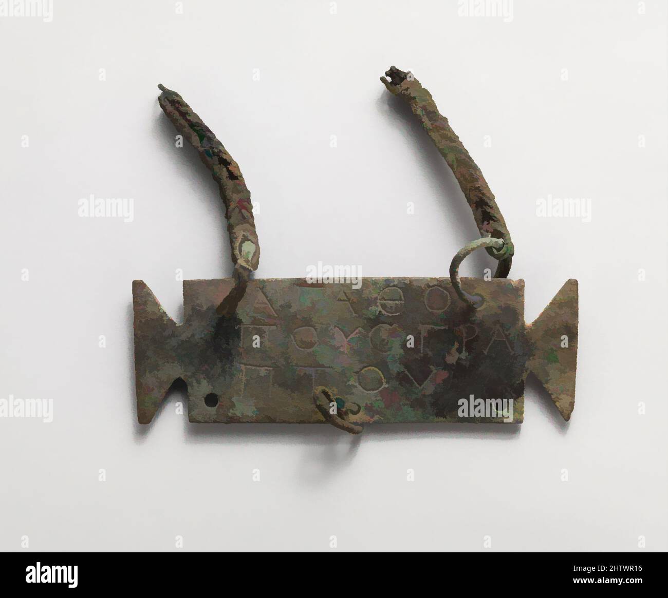 Art inspiré par Bronze votive tablet, Imperial, env. 2nd Century A.D., Roman, Bronze, H. : 1 3/4 x 5 1/16 po. (4,4 x 12,9 cm), bronzés, le comprimé est sous la forme d'un petit tableau ansata, souvent utilisé comme cadre pour les inscriptions dédicatives ou funéraires. Ici il est inscrit des deux côtés, les œuvres classiques modernisées par Artotop avec un peu de modernité. Formes, couleur et valeur, impact visuel accrocheur sur l'art émotions par la liberté d'œuvres d'art d'une manière contemporaine. Un message intemporel qui cherche une nouvelle direction créative. Artistes qui se tournent vers le support numérique et créent le NFT Artotop Banque D'Images