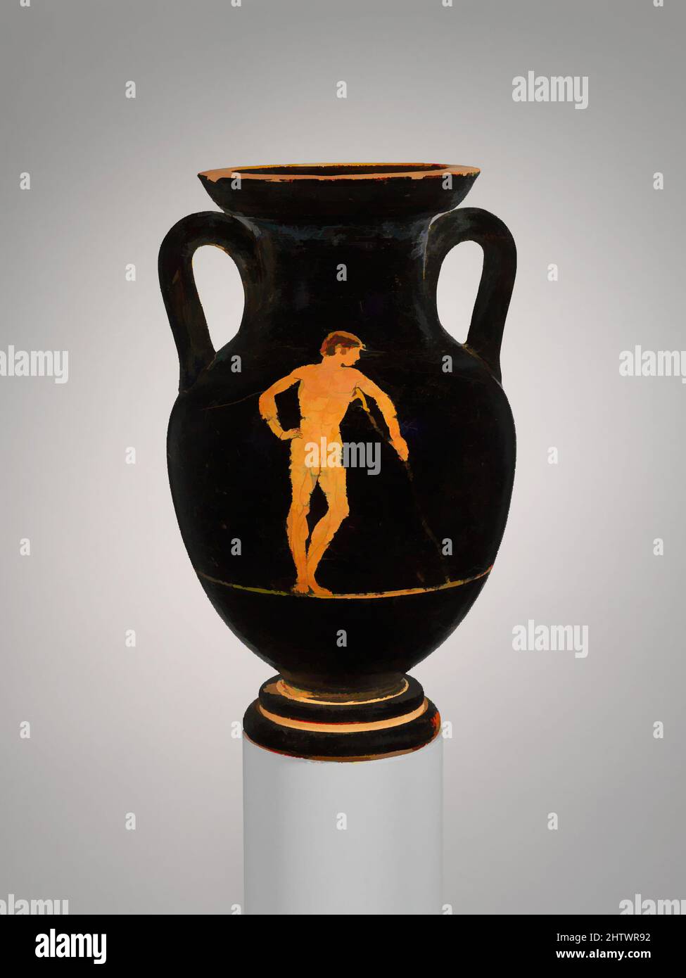 Art inspiré par les amphores en terre cuite (bocal), classique, début du 5th siècle avant J.-C., étrusque, terre cuite; rouge superposé, H. 8 3/16 po. (20,8 cm), vases, artistes du Groupe Praxias, qui a probablement travaillé à Vulci, ont été les premiers vase-peintres étrusques à développer une version plus simple de la vraie, des œuvres classiques modernisées par Artotop avec un peu de modernité. Formes, couleur et valeur, impact visuel accrocheur sur l'art émotions par la liberté d'œuvres d'art d'une manière contemporaine. Un message intemporel qui cherche une nouvelle direction créative. Artistes qui se tournent vers le support numérique et créent le NFT Artotop Banque D'Images
