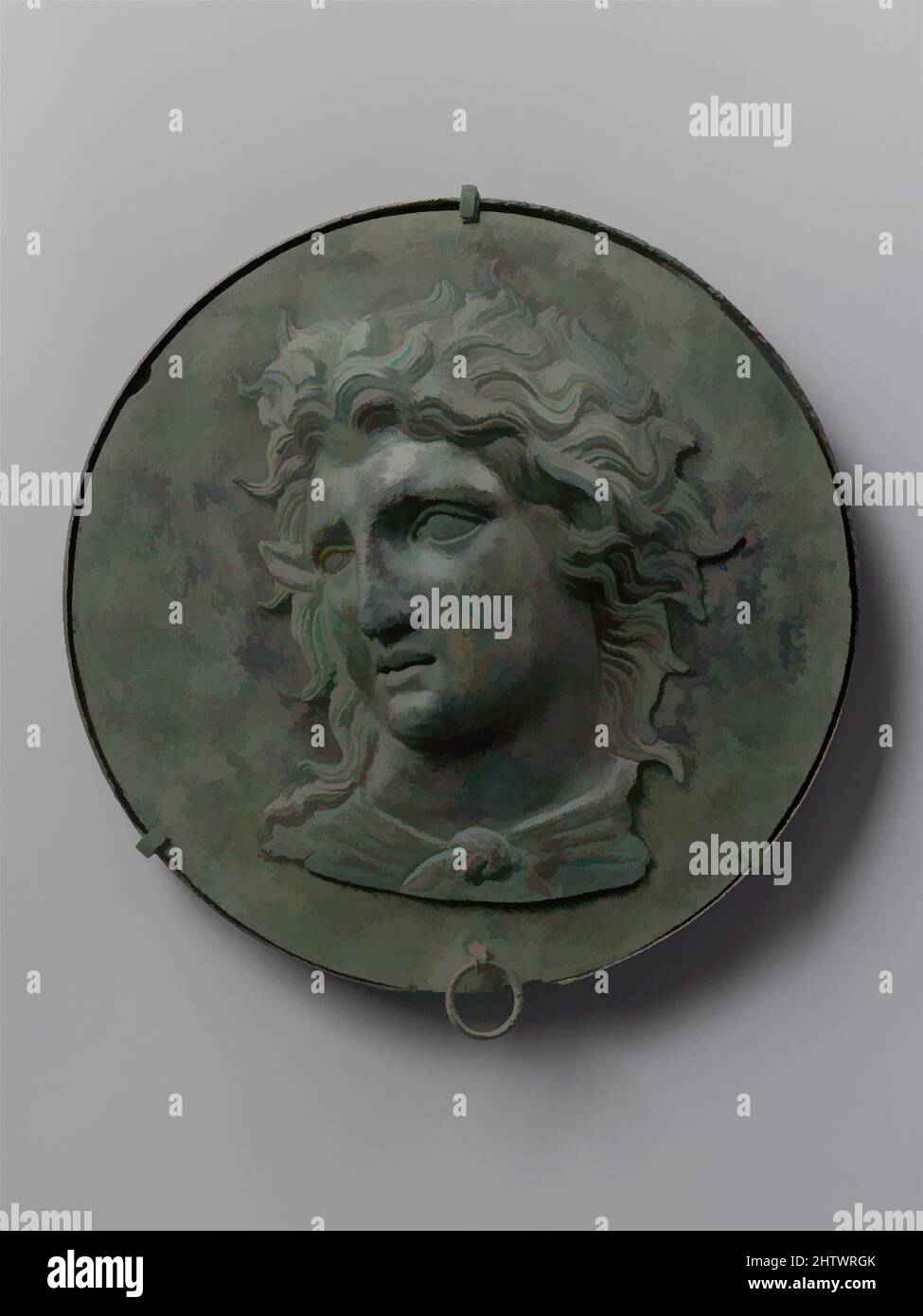 Art inspiré par le miroir en bronze, ancien classique ou hellénistique, fin du 4th siècle av. J.-C., grec, bronze, diamètre 6 3/4 po. (17,1 cm), bronzes, en relief, tête de Pan. La Pan chèvre-dieu est toujours représentée avec les jambes, les oreilles et les cornes déchiquetes d'une chèvre. Son visage est souvent donné un meurtriste, les œuvres classiques modernisées par Artotop avec un peu de modernité. Formes, couleur et valeur, impact visuel accrocheur sur l'art émotions par la liberté d'œuvres d'art d'une manière contemporaine. Un message intemporel qui cherche une nouvelle direction créative. Artistes qui se tournent vers le support numérique et créent le NFT Artotop Banque D'Images