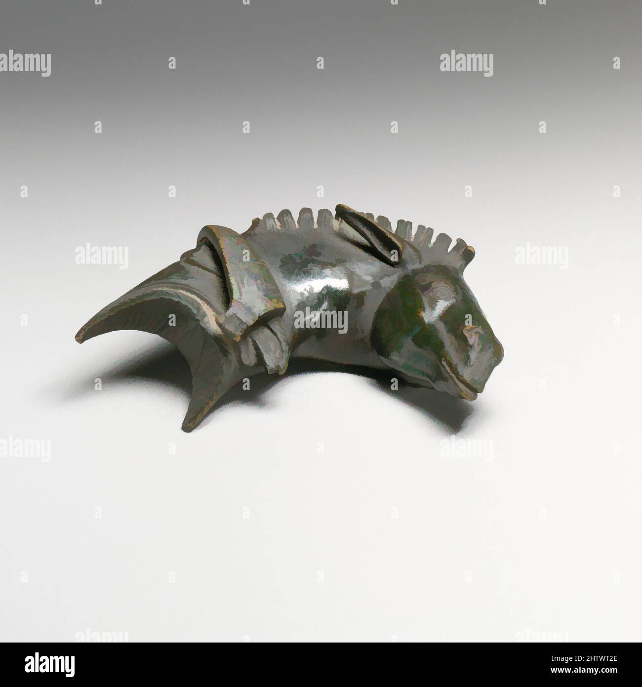 Art inspiré par l'attachement de meubles en bronze, ancienne Impériale, 1st siècle A.D., romain, bronze, H. : 3 3/4 po (9,5 cm), bronzés, la tête de cette mule de bronze faisait partie à l'origine d'un pivot (appuie-tête) sur un canapé romain. La mule est associée à Dionysos, le dieu du vin et de la régaleur, les œuvres classiques modernisées par Artotop avec un peu de modernité. Formes, couleur et valeur, impact visuel accrocheur sur l'art émotions par la liberté d'œuvres d'art d'une manière contemporaine. Un message intemporel qui cherche une nouvelle direction créative. Artistes qui se tournent vers le support numérique et créent le NFT Artotop Banque D'Images