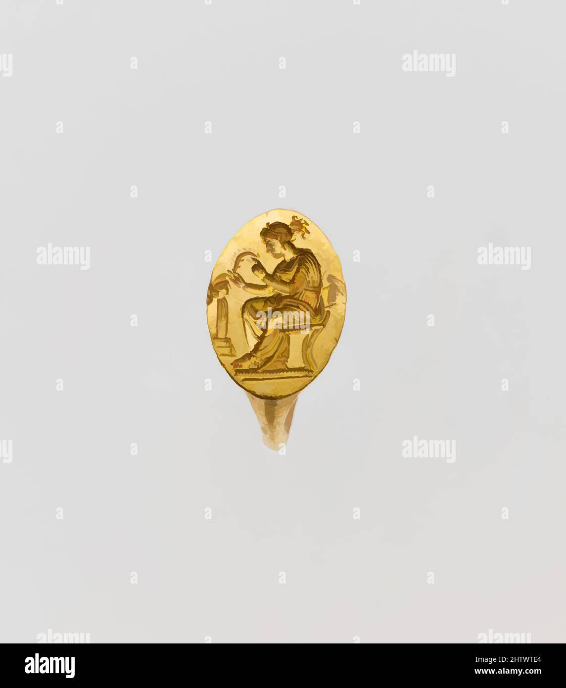 Art inspiré par Gold Ring, Classique, début du 4th siècle avant J.-C., grec, Or, longueur: 9/16 po. (1,4 cm), Or et argent, femme assise couronnant herme femelle, oeuvres classiques modernisées par Artotop avec une touche de modernité. Formes, couleur et valeur, impact visuel accrocheur sur l'art émotions par la liberté d'œuvres d'art d'une manière contemporaine. Un message intemporel qui cherche une nouvelle direction créative. Artistes qui se tournent vers le support numérique et créent le NFT Artotop Banque D'Images