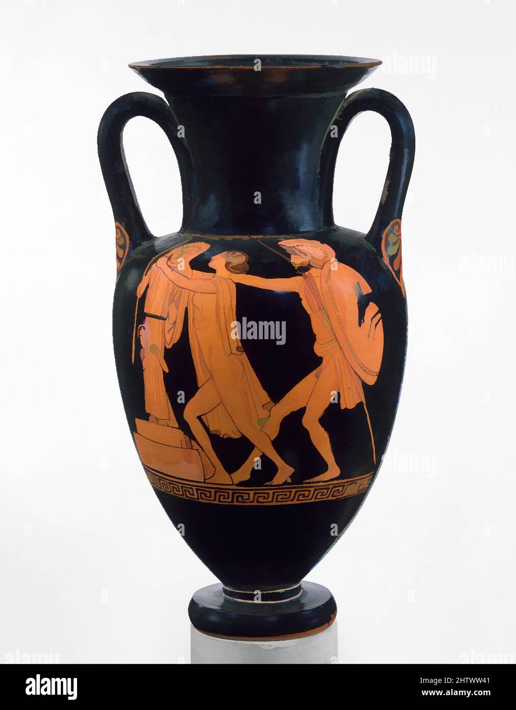 Art inspiré par la terre cuite Nolan cou-amphora (bocal), classique, ca. 450 av. J.-C., grec, Attique, terre cuite ; figure rouge, H. 11 1/8 po (28,3 cm), vases, Obverse, le héros grec Ajax saisit Cassandra, une princesse de cheval de Troie et prophétise, pendant le sac de Troie, Reverse, une jeunesse. Un certain nombre d'œuvres classiques modernisées par Artotop avec une touche de modernité. Formes, couleur et valeur, impact visuel accrocheur sur l'art émotions par la liberté d'œuvres d'art d'une manière contemporaine. Un message intemporel qui cherche une nouvelle direction créative. Artistes qui se tournent vers le support numérique et créent le NFT Artotop Banque D'Images