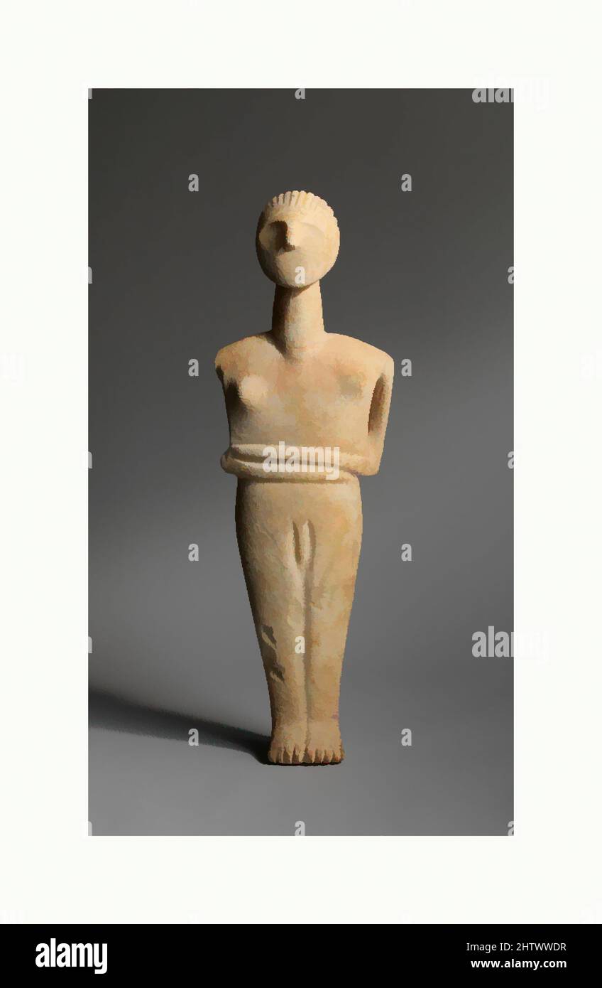 Art inspiré de la figure masculine de marbre, début du Cyclades II, 2400–2300 av. J.-C. ou plus tard, Cyclades, marbre, H. 14 1/8 po. (35,9 cm), Sculpture de pierre, plusieurs caractéristiques de ce travail sont inhabituelles. Bien que les figures masculines soient rares, elles ont tendance à être caractérisées par un attribut ou une activité, ce qui n'est pas le cas, les œuvres classiques modernisées par Artotop avec un peu de modernité. Formes, couleur et valeur, impact visuel accrocheur sur l'art émotions par la liberté d'œuvres d'art d'une manière contemporaine. Un message intemporel qui cherche une nouvelle direction créative. Artistes qui se tournent vers le support numérique et créent le NFT Artotop Banque D'Images