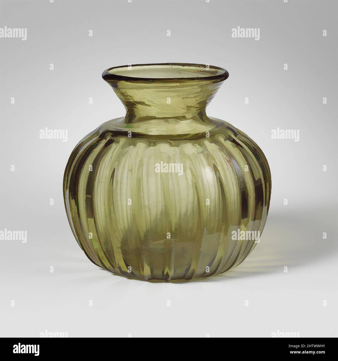 Art inspiré par la jarre de verre, impérial tardif, 3rd–4th Century A.D., romain, verre ; Soufflé dans un moule à immersion, H. : 4 7/16 po (11,2 cm), verre, vert olive translucide., rebord à lèvres biseautées; col en forme d'entonnoir avec des marques d'outillage irrégulières sur le côté; épaule étroite, horizontale avec, œuvres classiques modernisées par Artotop avec une touche de modernité. Formes, couleur et valeur, impact visuel accrocheur sur l'art émotions par la liberté d'œuvres d'art d'une manière contemporaine. Un message intemporel qui cherche une nouvelle direction créative. Artistes qui se tournent vers le support numérique et créent le NFT Artotop Banque D'Images