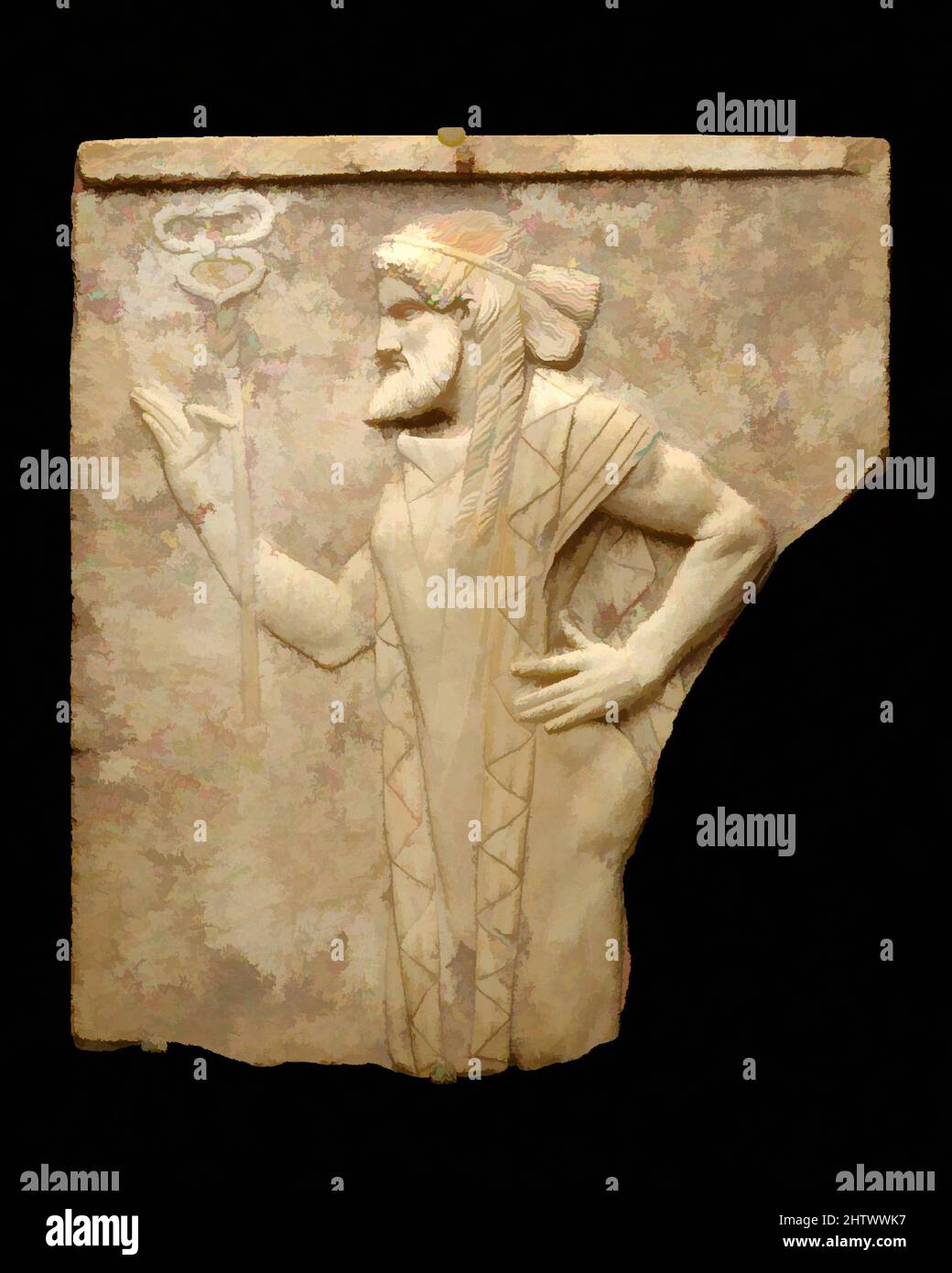 Art inspiré par relief de marbre avec Hermes, Augustan ou Julio-Claudian, 27 B.C.–A.D. 68, romain, marbre, total: 26 3/4 x 23 1/2in. (67,9 x 59,7cm), Sculpture de pierre, le messager dieu Hermes est représenté dans le style dit archaïtique, une manière rétrospective qui a incorporé, oeuvres classiques modernisées par Artotop avec un peu de modernité. Formes, couleur et valeur, impact visuel accrocheur sur l'art émotions par la liberté d'œuvres d'art d'une manière contemporaine. Un message intemporel qui cherche une nouvelle direction créative. Artistes qui se tournent vers le support numérique et créent le NFT Artotop Banque D'Images