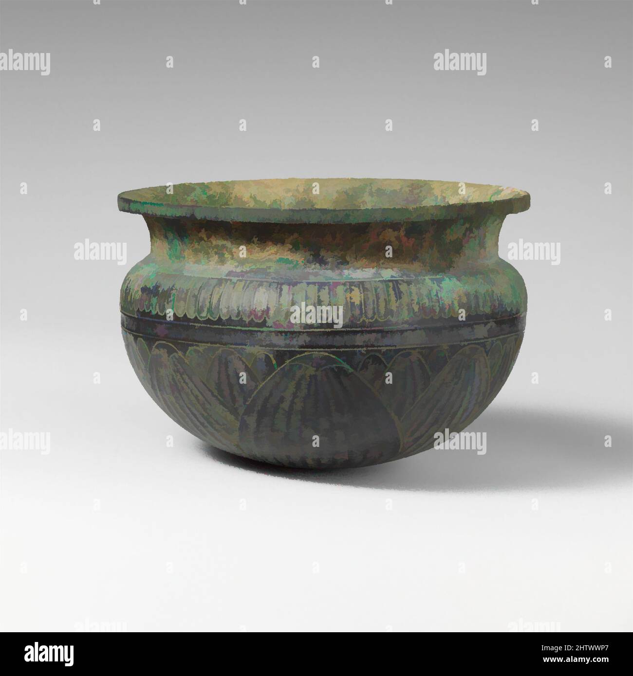 Art inspiré par Bronze Bowl, classique, 5th–4th Century B.C., grec, Bronze, H. 8,0 cm., bronzes, bol peu profond avec une lèvre tournée. L'épaule est décorée d'un motif de langue et le corps est orné de pétales de lotus. Sur le fond, une rosette, les œuvres classiques modernisées par Artotop avec une touche de modernité. Formes, couleur et valeur, impact visuel accrocheur sur l'art émotions par la liberté d'œuvres d'art d'une manière contemporaine. Un message intemporel qui cherche une nouvelle direction créative. Artistes qui se tournent vers le support numérique et créent le NFT Artotop Banque D'Images