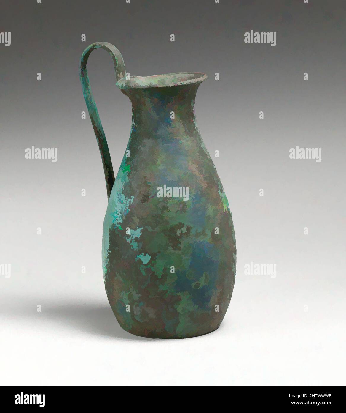 Art inspiré par le bronze oinochoe: olpe (carafe), archaïque, 6th siècle avant J.-C., étrusque, Bronze, H. 6 9/16 po (16,7 cm), bronzes, l'olpe est une forme commune en raison, certainement, de sa simplicité et de sa taille pratique. Le monde grec, particulièrement Attica, fournit de nombreuses variantes de terre cuite, les œuvres classiques modernisées par Artotop avec un peu de modernité. Formes, couleur et valeur, impact visuel accrocheur sur l'art émotions par la liberté d'œuvres d'art d'une manière contemporaine. Un message intemporel qui cherche une nouvelle direction créative. Artistes qui se tournent vers le support numérique et créent le NFT Artotop Banque D'Images