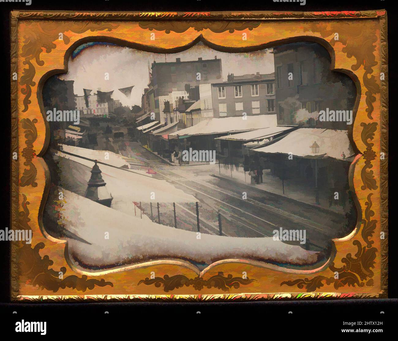 Art inspiré par Chatham Square, New York, 1853–55, Daguerréotype, image : 8,9 x 12,2 cm (3 1/2 x 4 13/16 po), irrégulière, photographies, inconnue (américaine), cette scène chaotique de rue montre Chatham Street, maintenant Park Row, de dessous son intersection avec Pearl Street, au nord-est de Chatham, oeuvres classiques modernisées par Artotop avec une touche de modernité. Formes, couleur et valeur, impact visuel accrocheur sur l'art émotions par la liberté d'œuvres d'art d'une manière contemporaine. Un message intemporel qui cherche une nouvelle direction créative. Artistes qui se tournent vers le support numérique et créent le NFT Artotop Banque D'Images