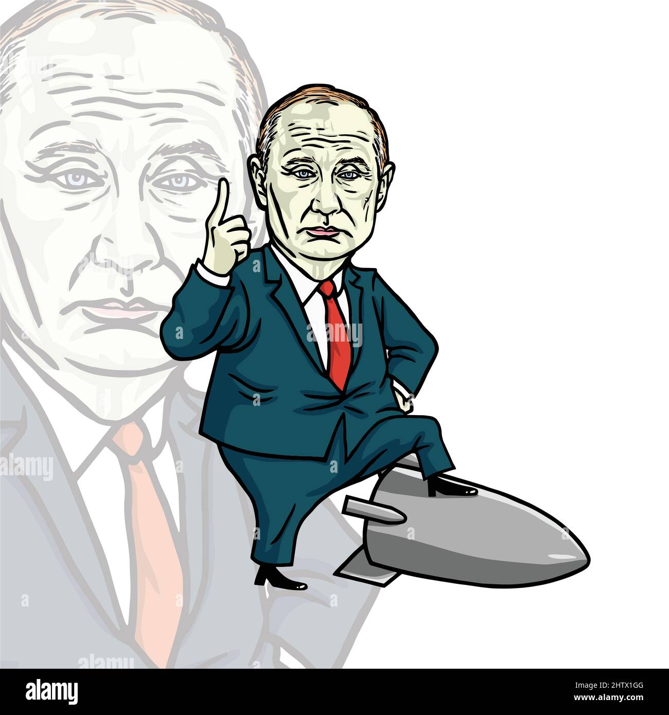 Vladimir Poutine Président de Russie Fédération de Russie caricature de dessin vectoriel Illustration debout sur une arme missile fusée Moscou Illustration de Vecteur