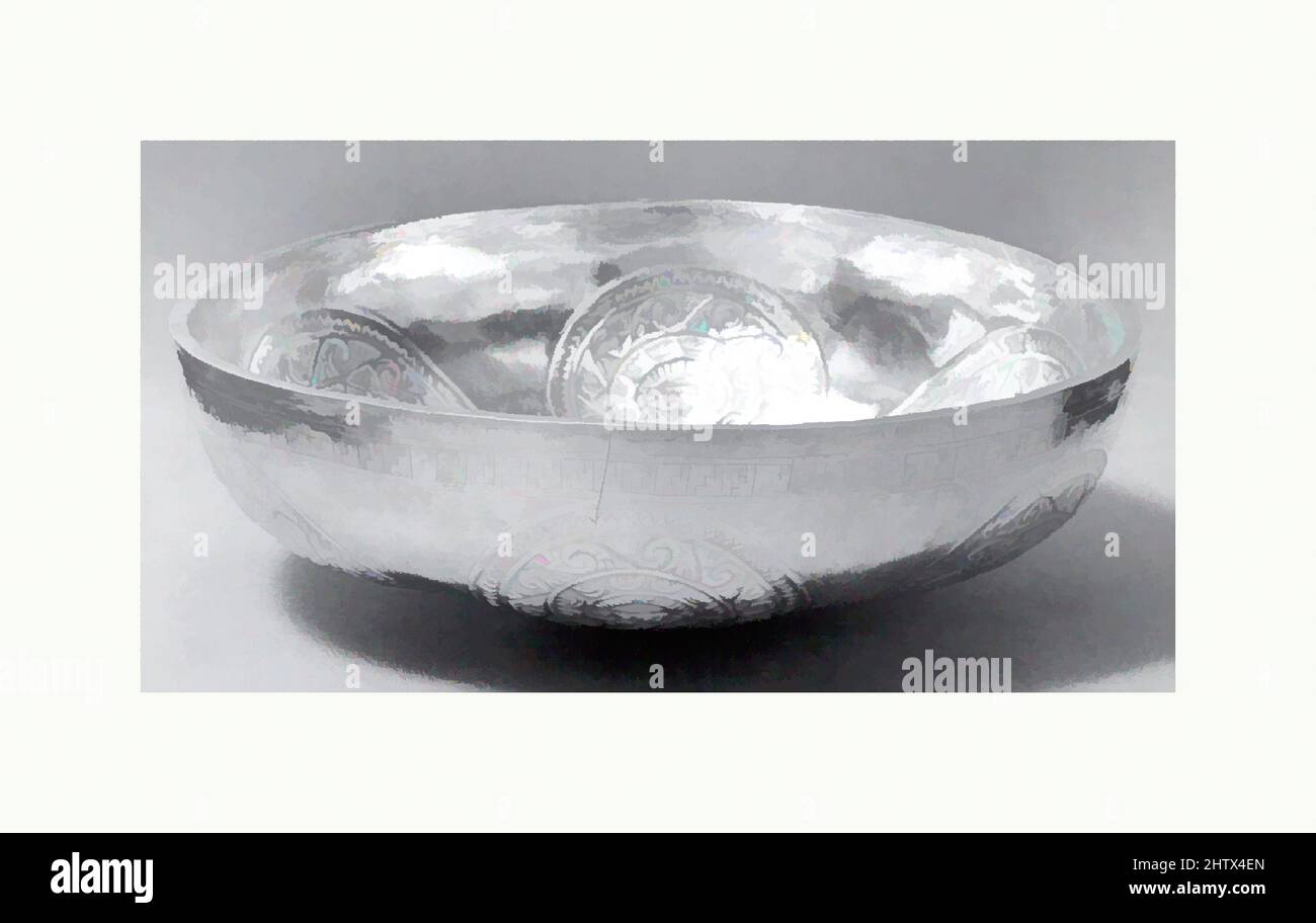 Art inspiré par Bowl, 14th–15th Century, Pérou, Chimú, argent, H. 2 1/4 x diamètre 7 7/8 po (5,7 x 20 cm), Métal-Containers, oeuvres classiques modernisées par Artotop avec une touche de modernité. Formes, couleur et valeur, impact visuel accrocheur sur l'art émotions par la liberté d'œuvres d'art d'une manière contemporaine. Un message intemporel qui cherche une nouvelle direction créative. Artistes qui se tournent vers le support numérique et créent le NFT Artotop Banque D'Images