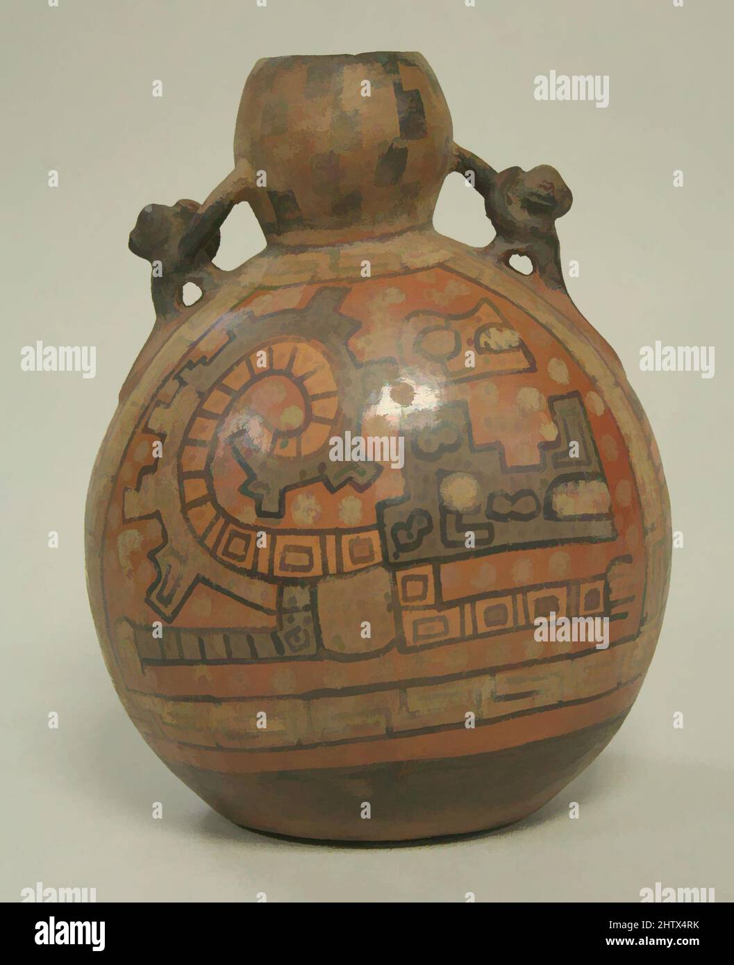 Art inspiré par la bouteille, poignées de singe, 6th–10th Century, Pérou, Wari, Céramique, pigment, H. 6 1/2 x W. 5 x D. 3 7/8in. (16,5 x 12,7 x 9,9cm), Ceramics-Containers, oeuvres classiques modernisées par Artotop avec une touche de modernité. Formes, couleur et valeur, impact visuel accrocheur sur l'art émotions par la liberté d'œuvres d'art d'une manière contemporaine. Un message intemporel qui cherche une nouvelle direction créative. Artistes qui se tournent vers le support numérique et créent le NFT Artotop Banque D'Images