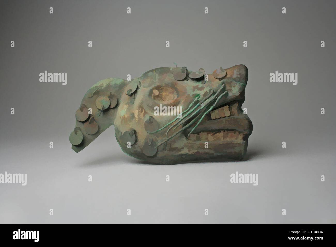 Art inspiré par l'ornement Fox Head, 390–450, Pérou, Moche (Loma Negra), cuivre doré, Boîtier, H x l : 3 3/8 x 5 15/16in. (8,6 x 15cm), ornements métalliques, oeuvres classiques modernisées par Artotop avec une touche de modernité. Formes, couleur et valeur, impact visuel accrocheur sur l'art émotions par la liberté d'œuvres d'art d'une manière contemporaine. Un message intemporel qui cherche une nouvelle direction créative. Artistes qui se tournent vers le support numérique et créent le NFT Artotop Banque D'Images
