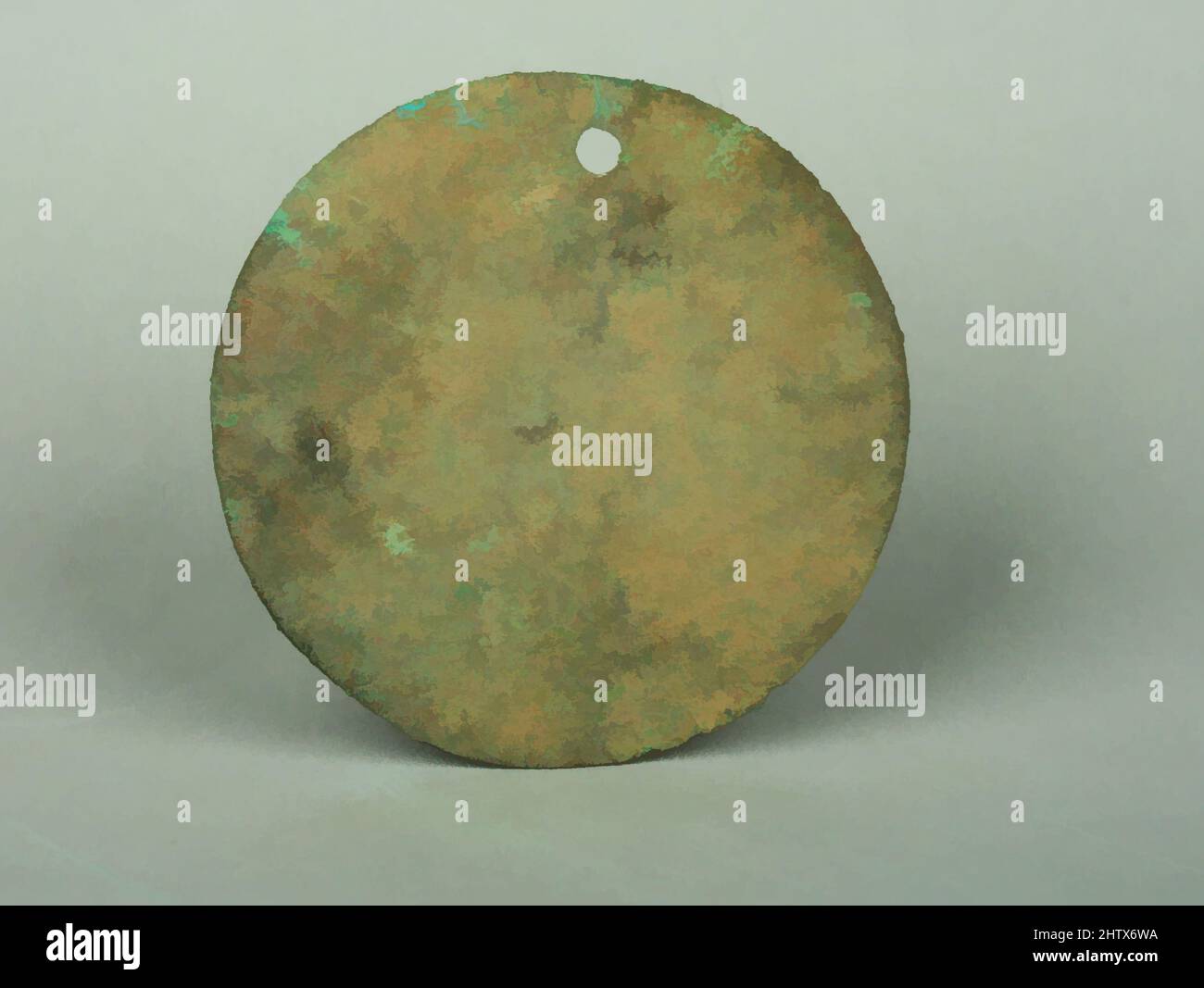 Art inspiré par Round plaque, 3rd Century B.C.–A.D. 2nd siècle, Pérou, Vicus, cuivre (martelé), doré, Diamètre 1-15/16 po. (4,9 cm), ornements métalliques, oeuvres classiques modernisées par Artotop avec une touche de modernité. Formes, couleur et valeur, impact visuel accrocheur sur l'art émotions par la liberté d'œuvres d'art d'une manière contemporaine. Un message intemporel qui cherche une nouvelle direction créative. Artistes qui se tournent vers le support numérique et créent le NFT Artotop Banque D'Images