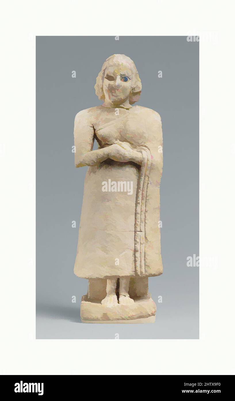 Art inspiré par l'adorateur féminin debout, début dynastique IIIa, ca. 2600–2500 C.-B., Mésopotamie, Nippur, sumérien, calcaire, Incrusté de coquille et de lapis lazuli, H. 9 13/16 x W. 3 3/8 x D. 2 1/8 po. (24,9 x 8,5 x 5,4 cm), Pierre-Sculpture, cette statue d'une femme debout avec ses mains, oeuvres classiques modernisées par Artotop avec une touche de modernité. Formes, couleur et valeur, impact visuel accrocheur sur l'art émotions par la liberté d'œuvres d'art d'une manière contemporaine. Un message intemporel qui cherche une nouvelle direction créative. Artistes qui se tournent vers le support numérique et créent le NFT Artotop Banque D'Images