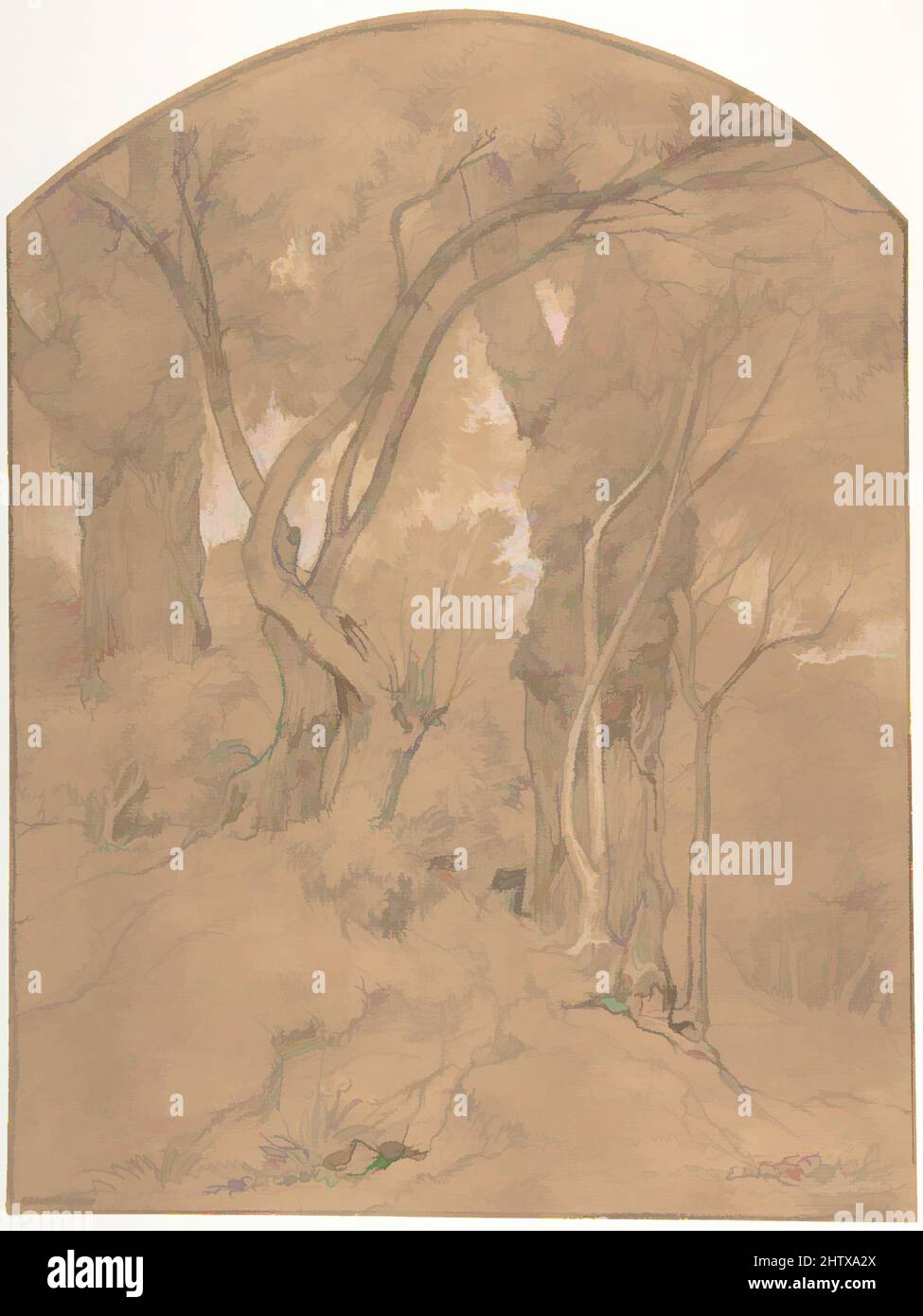 Art inspiré par les arbres dans une forêt, craie noire, rehaussé de blanc, feuille: 14 3/8 x 10 13/16 po. (36,5 x 27,4cm), dessins, Édouard Bertin (français, Paris 1797–1871 Paris, oeuvres classiques modernisées par Artotop avec une touche de modernité. Formes, couleur et valeur, impact visuel accrocheur sur l'art émotions par la liberté d'œuvres d'art d'une manière contemporaine. Un message intemporel qui cherche une nouvelle direction créative. Artistes qui se tournent vers le support numérique et créent le NFT Artotop Banque D'Images