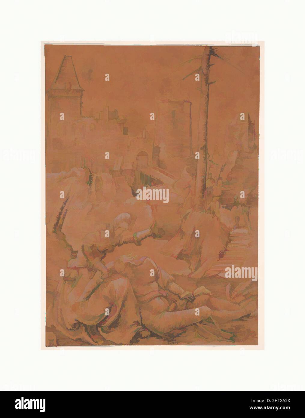 Art inspiré par Samson et Delilah, 1506, stylo et encre noire avec accentuation blanche sur papier brun préparé, feuille: 6 3/4 x 4 13/16 po. (17,1 x 12,2 cm), dessins, Albrecht Altdorfer (allemand, Regensburg ca. 1480–1538 Regensburg), dans un cadre paysagé, Samson s'endort avec ses œuvres classiques modernisées par Artotop avec une touche de modernité. Formes, couleur et valeur, impact visuel accrocheur sur l'art émotions par la liberté d'œuvres d'art d'une manière contemporaine. Un message intemporel qui cherche une nouvelle direction créative. Artistes qui se tournent vers le support numérique et créent le NFT Artotop Banque D'Images