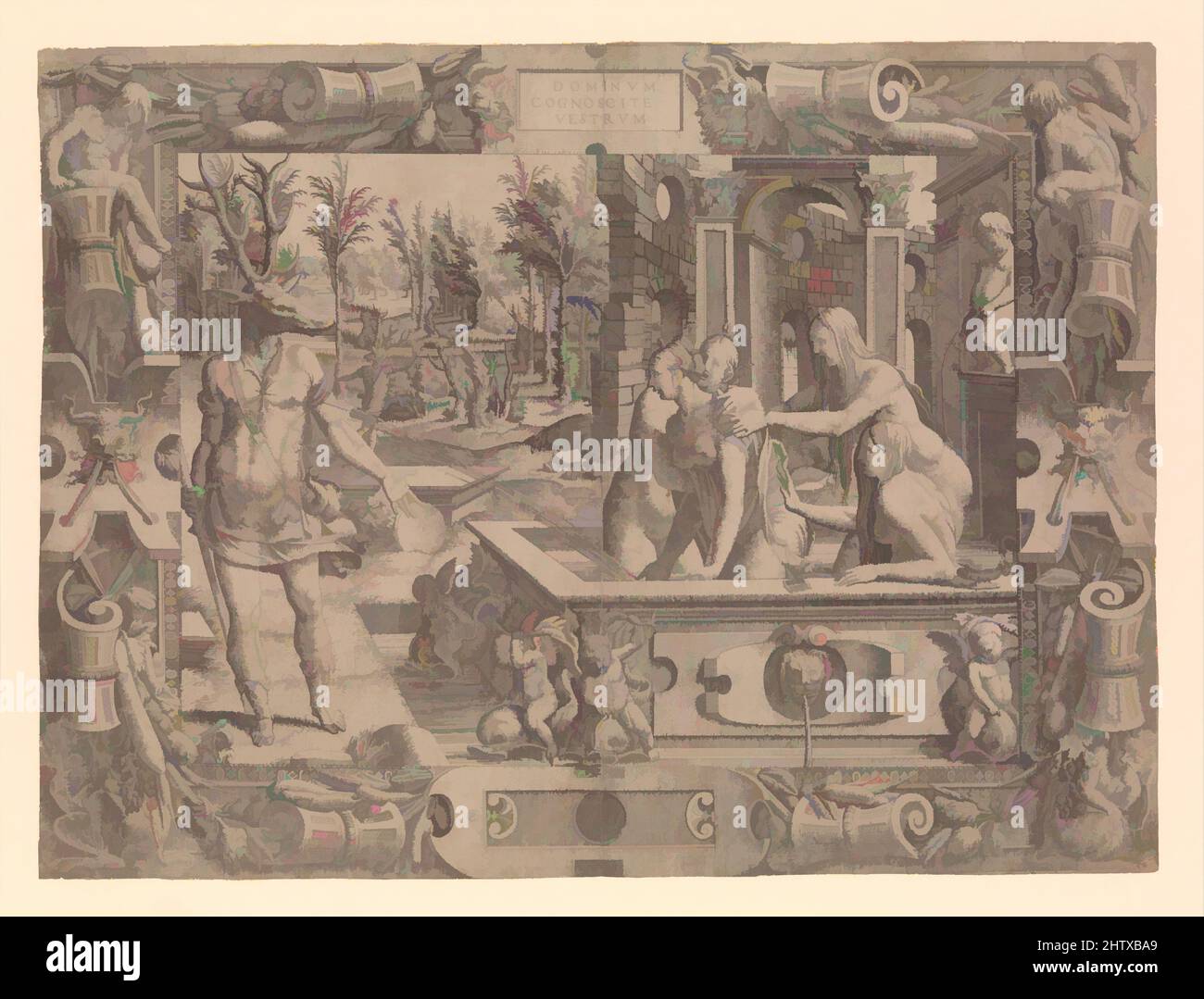 Art inspiré par la métamorphose d'Acteon, 1535–55, Etching, 16 3/4 x 22 1/2 po. (42,6 x 57,2 cm), tirages, Jean Mignon (français, active 1535–ca. 1555), après Luca Penni (Italien, Florence 1500/1504–1557 Paris, oeuvres classiques modernisées par Artotop avec une touche de modernité. Formes, couleur et valeur, impact visuel accrocheur sur l'art émotions par la liberté d'œuvres d'art d'une manière contemporaine. Un message intemporel qui cherche une nouvelle direction créative. Artistes qui se tournent vers le support numérique et créent le NFT Artotop Banque D'Images