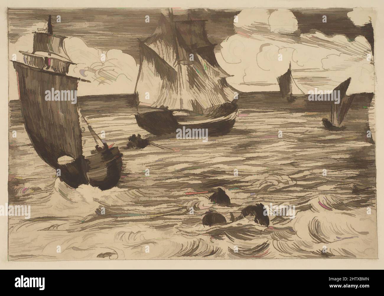 Art inspiré par Marine, 1865–66, Etching, aquatint, roulette et bitten ton à l'encre brune sur papier ponté avec filigrane partiel (fleur de lis dans une cartouche), état unique, plaque: 5 1/2 x 7 7/8in. (14 x 20cm), tirages, Édouard Manet (français, Paris 1832–1883 Paris, oeuvres classiques modernisées par Artotop avec une touche de modernité. Formes, couleur et valeur, impact visuel accrocheur sur l'art émotions par la liberté d'œuvres d'art d'une manière contemporaine. Un message intemporel qui cherche une nouvelle direction créative. Artistes qui se tournent vers le support numérique et créent le NFT Artotop Banque D'Images