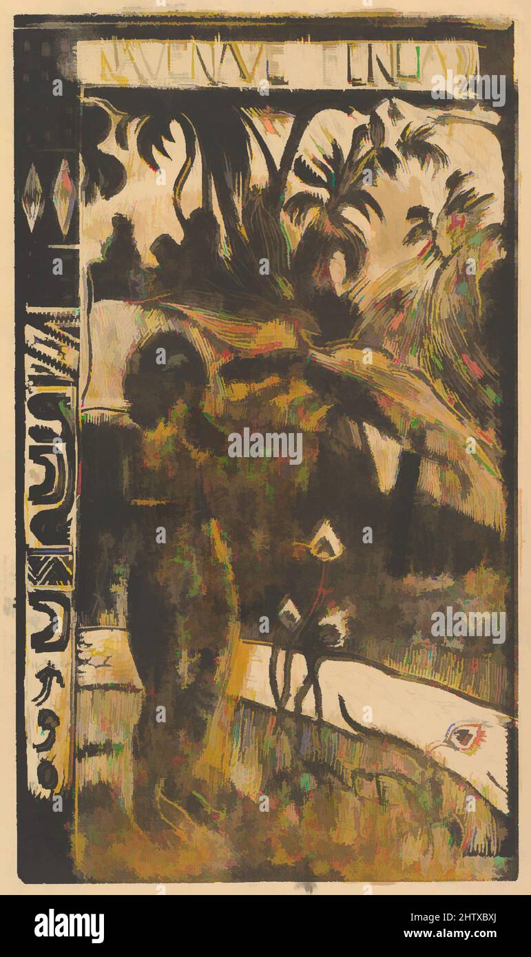 Art inspiré par Delightful Land, 1893–94, Woodcut imprimé en couleur sur papier à colombe fin, 13 7/8 x 8 po (35,2 x 20,3 cm), estampes, Paul Gauguin (français, Paris 1848–1903 Atuona, Hiva OA, Îles Marquises), dans cet imprimé Gauguin réimagine l'histoire biblique de la chute. Eve est maintenant un, les œuvres classiques modernisées par Artotop avec un peu de modernité. Formes, couleur et valeur, impact visuel accrocheur sur l'art émotions par la liberté d'œuvres d'art d'une manière contemporaine. Un message intemporel qui cherche une nouvelle direction créative. Artistes qui se tournent vers le support numérique et créent le NFT Artotop Banque D'Images