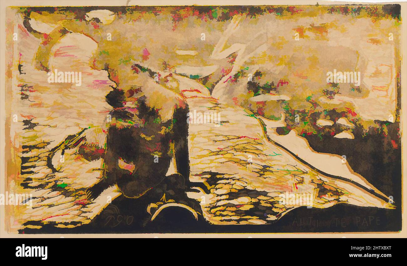 Art inspiré par Auti te Pape, 1893–94, coupe de bois imprimée en couleur sur papier vélin, 8 1/8 x 14 1/8 po. (20,6 x 35,9 cm) : bloc, estampes, Paul Gauguin (français, Paris 1848–1903 Atuona, Hiva OA, Marquesas Islands), Gauguin a commencé à travailler sur le texte et les illustrations de Noa Noa Noa (parfum, œuvres classiques modernisées par Artotop avec un peu de modernité. Formes, couleur et valeur, impact visuel accrocheur sur l'art émotions par la liberté d'œuvres d'art d'une manière contemporaine. Un message intemporel qui cherche une nouvelle direction créative. Artistes qui se tournent vers le support numérique et créent le NFT Artotop Banque D'Images